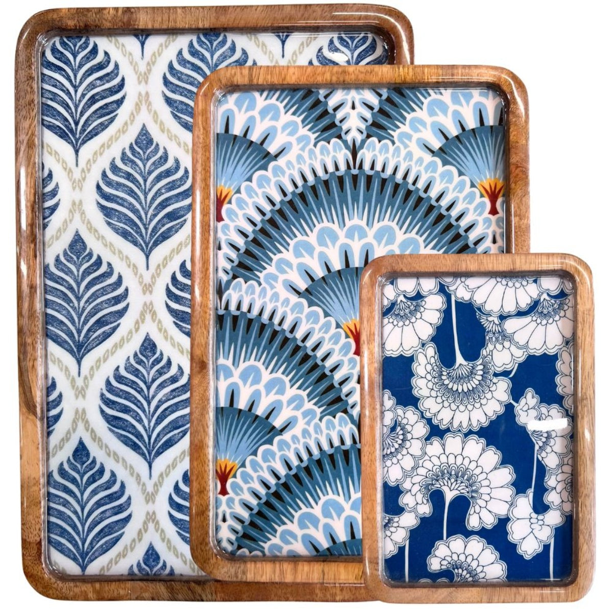 Mangoholz Tablett 3er-Set "Blue Pattern"