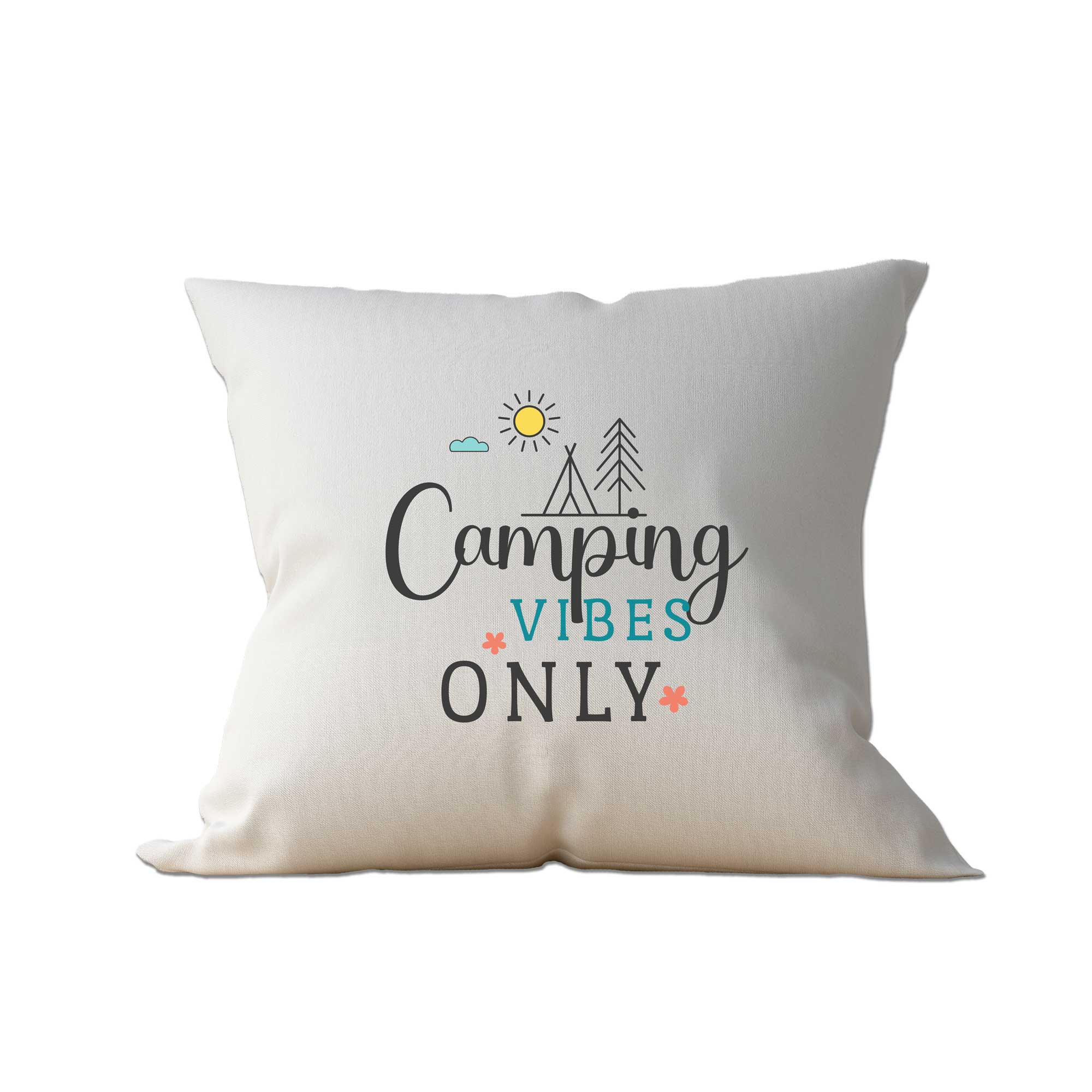 Campingkissen mit dem Schriftzug Camping vibes only, Blumen Sonne Zelt und Wolken