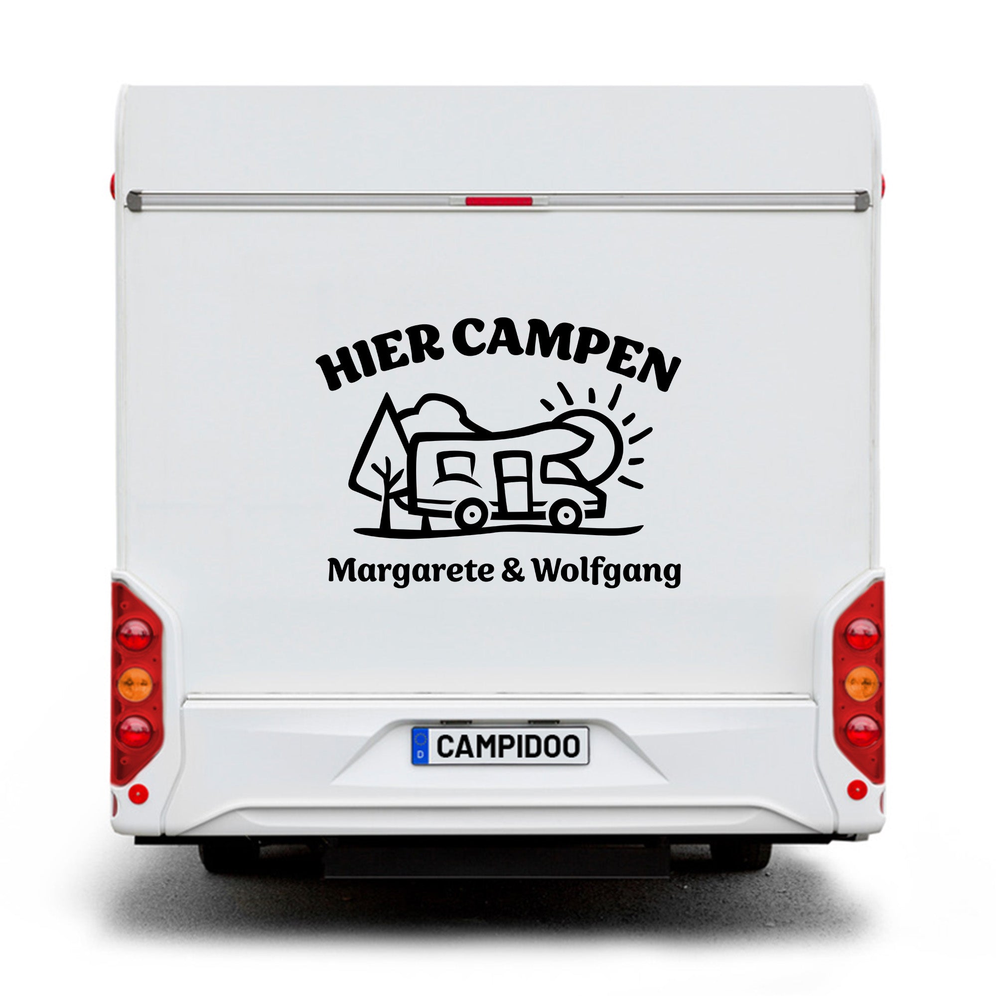 Aufkleber „Hier Campen… - Wohnmobil“ personalisierbar