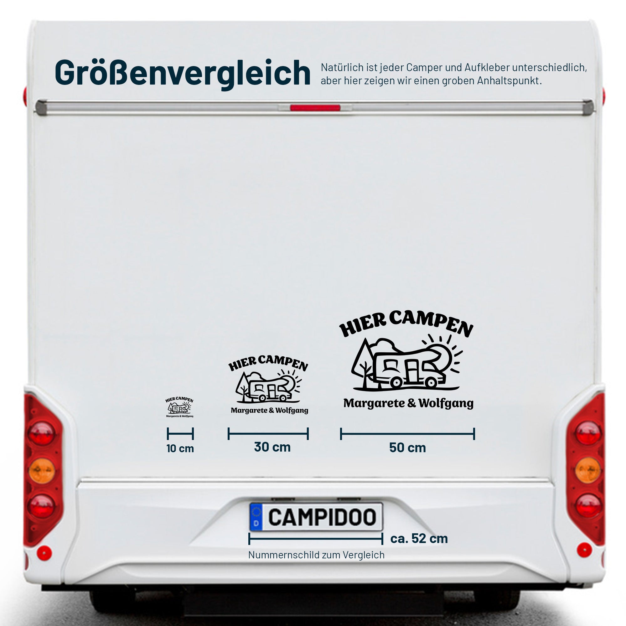 Aufkleber „Hier Campen… - Wohnmobil“ personalisierbar