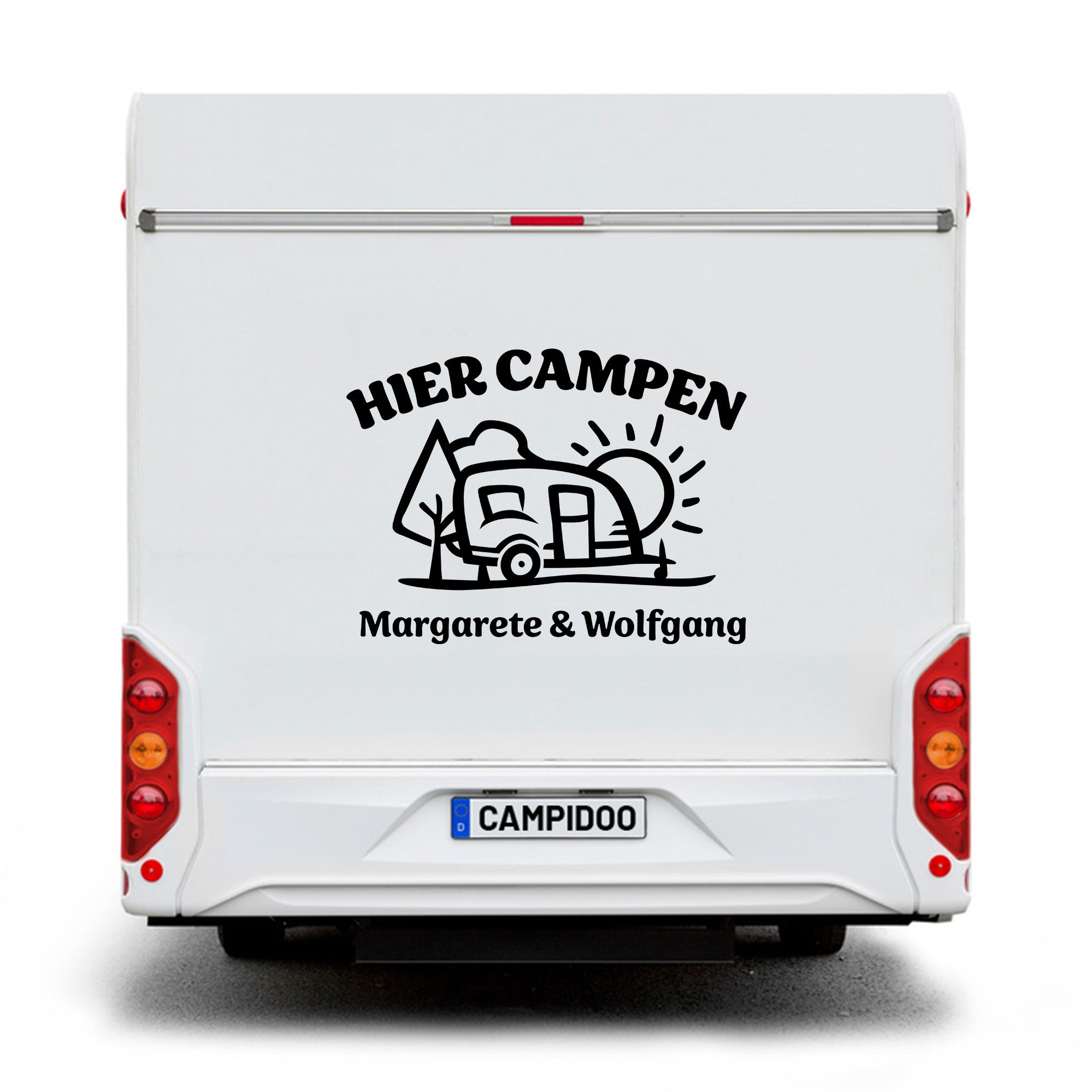 Aufkleber „Hier Campen… - Wohnwagen“ personalisierbar