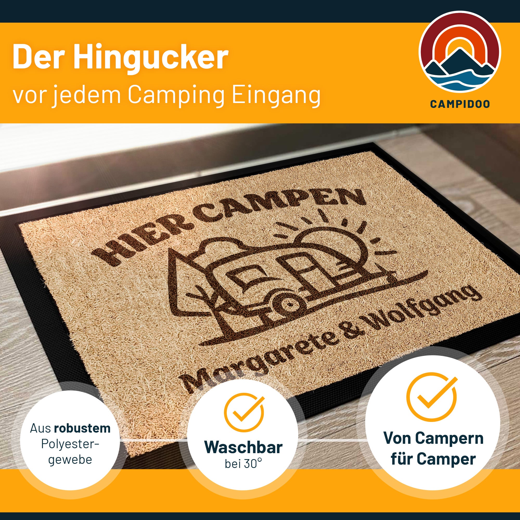 Camping Fussmatte "Hier campen... - WoWa" personalisierbar