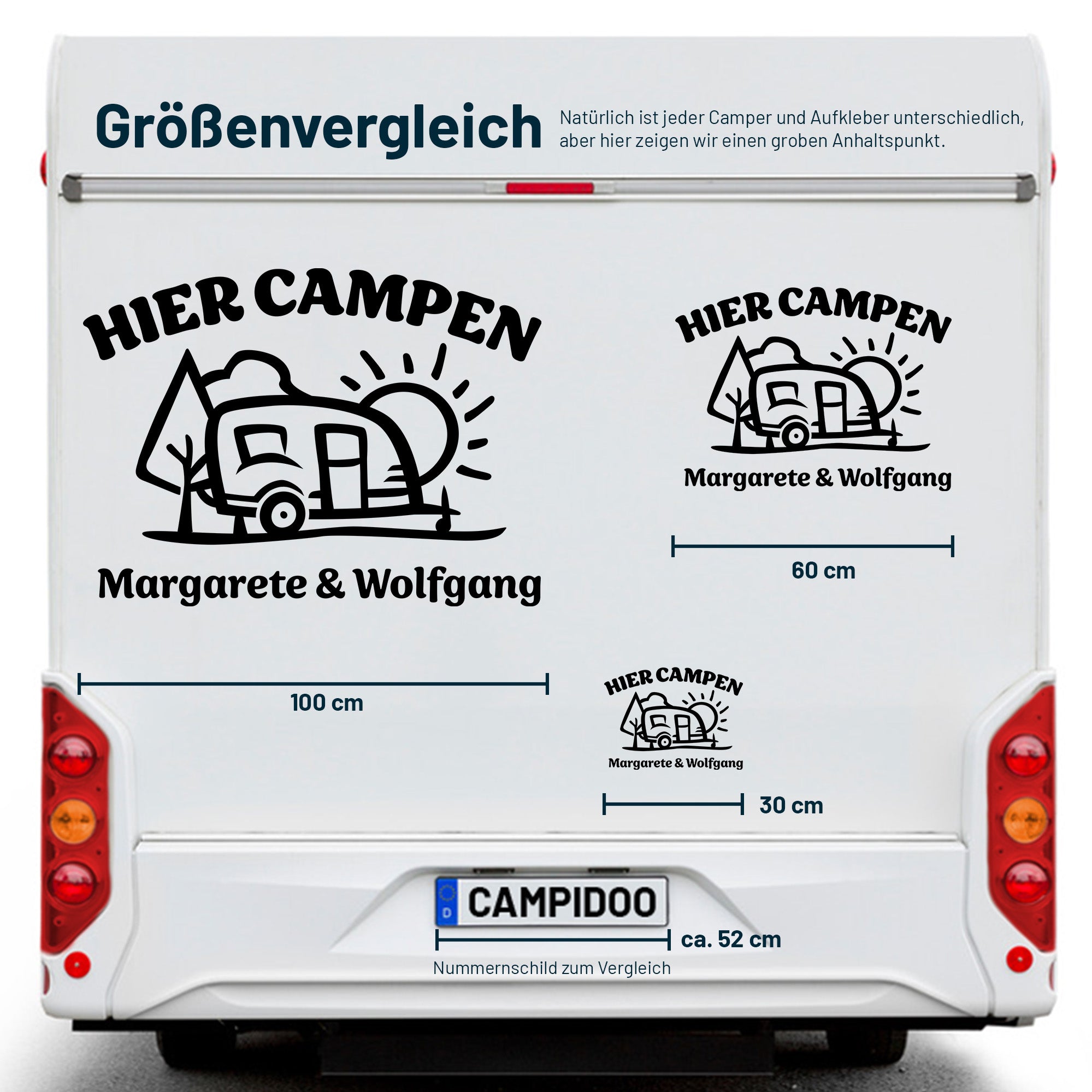 Aufkleber „Hier Campen… - Wohnwagen“ personalisierbar