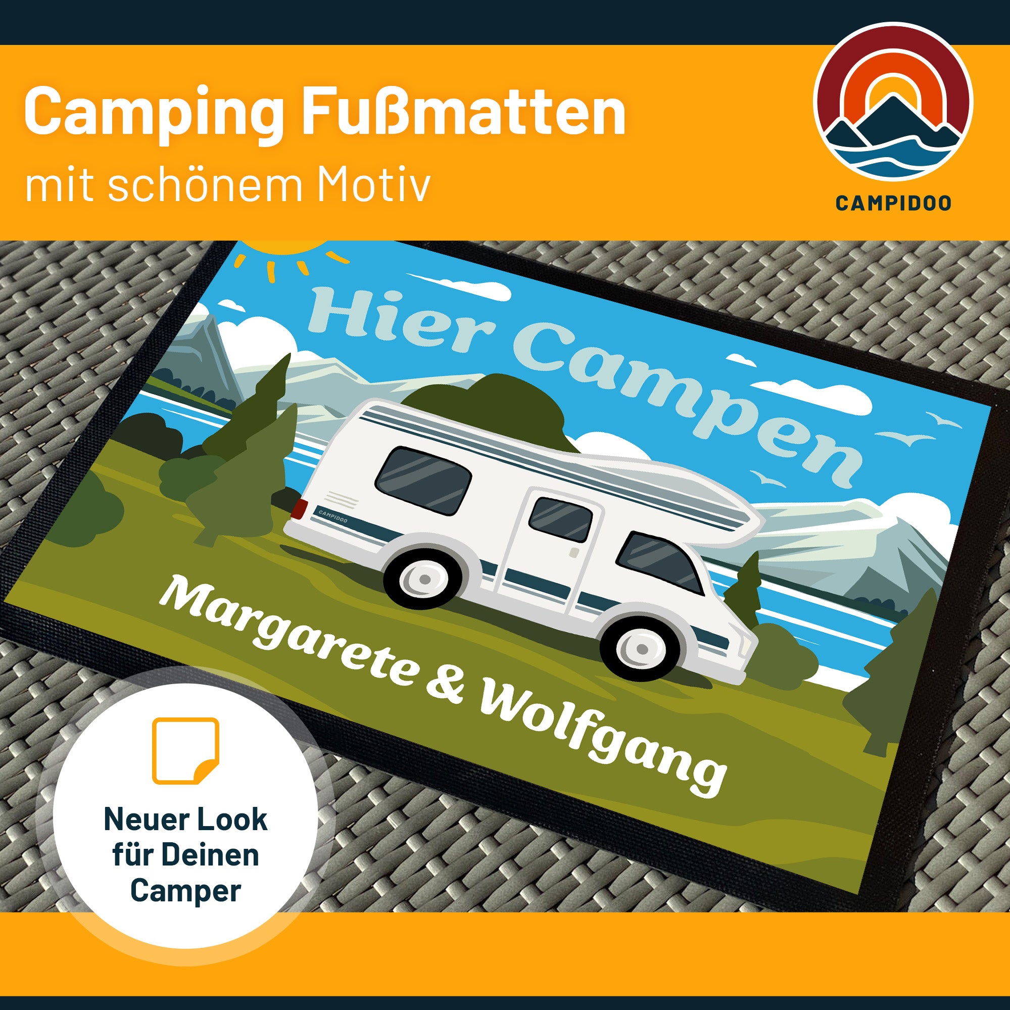 bunte Camping Fussmatte "Hier campen... - WoMo" personalisierbar