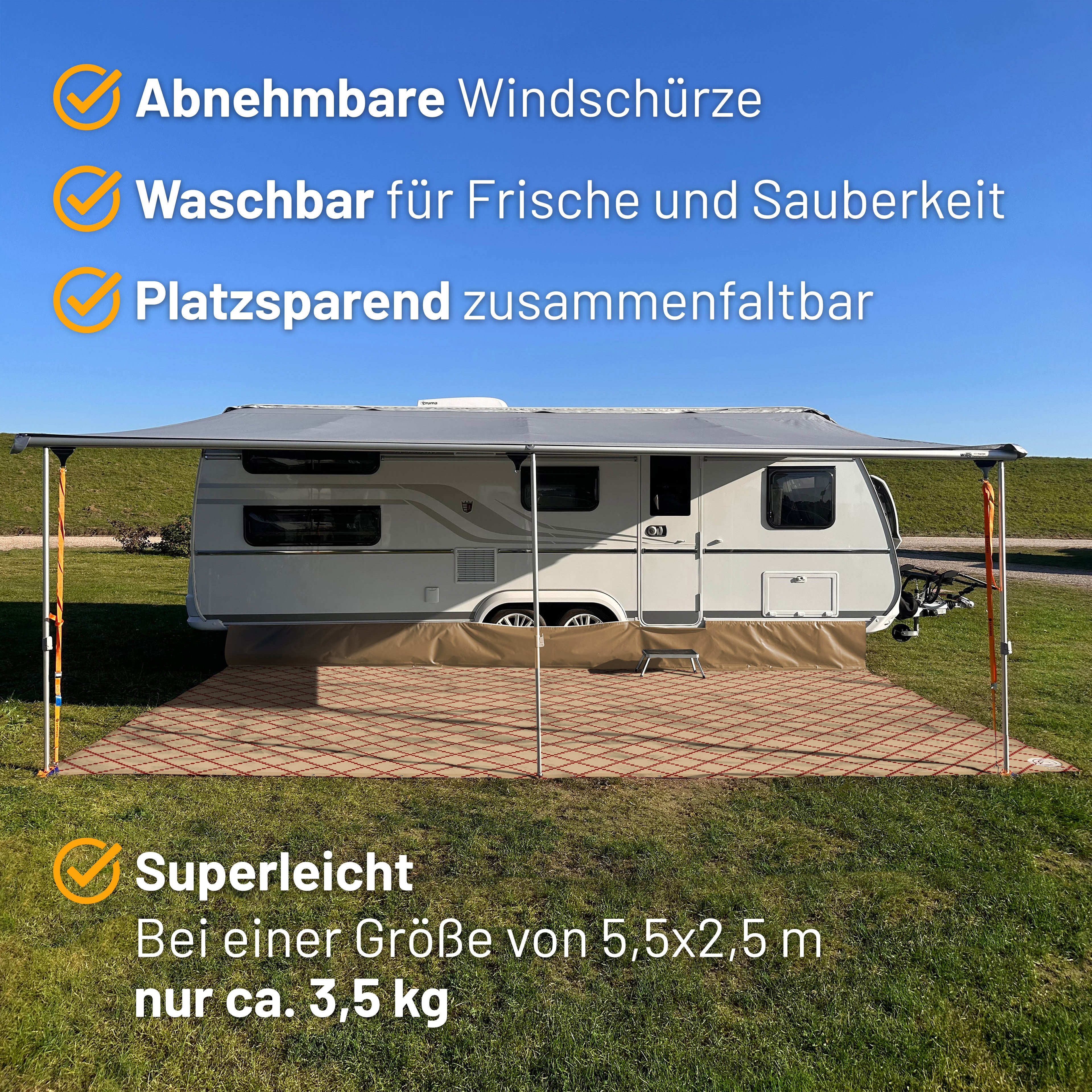 PREMIUM Vorzeltteppich mit abnehmbarer Windschürze - "Karo Creme Rot"