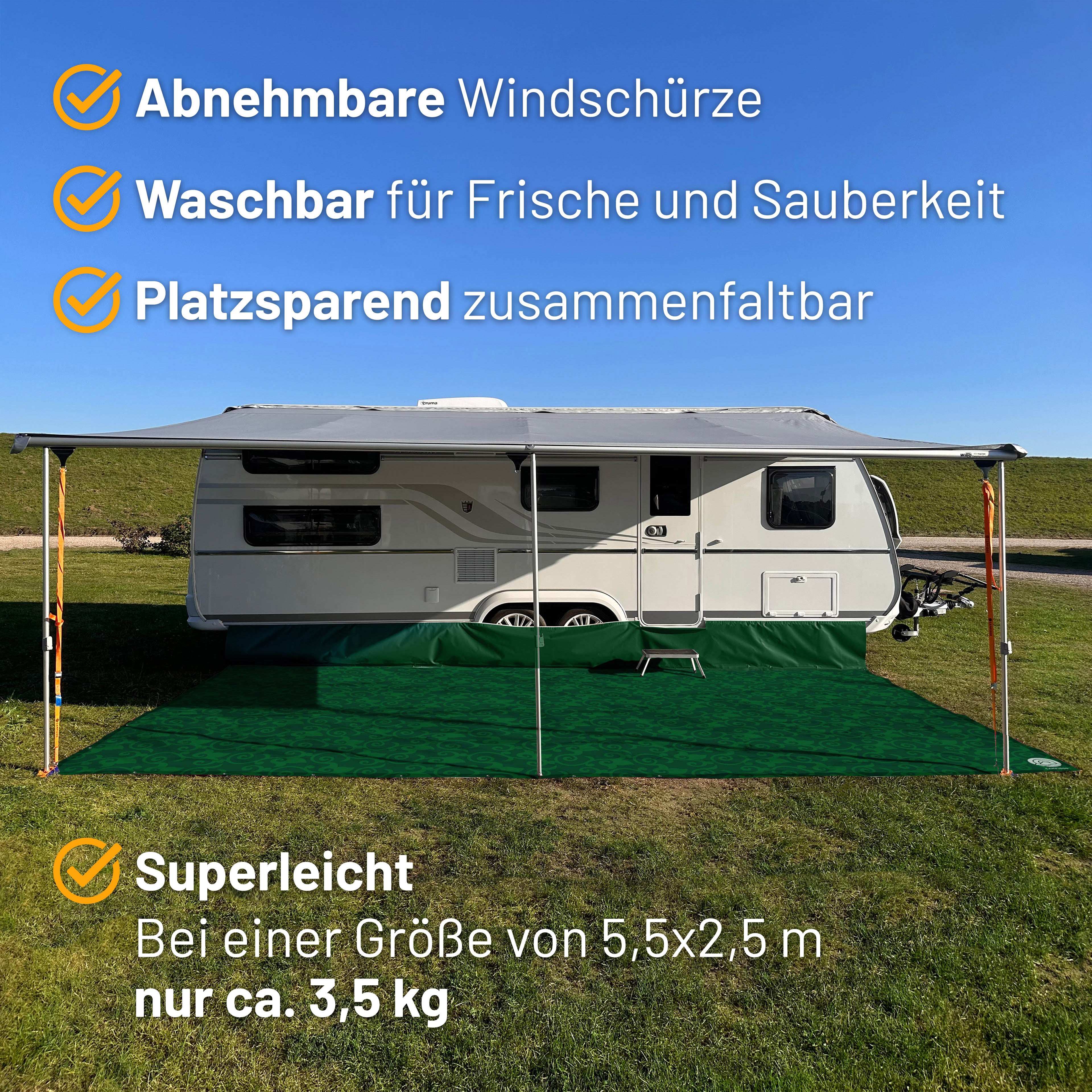 PREMIUM Vorzeltteppich mit abnehmbarer Windschürze - "Ornament Grün"
