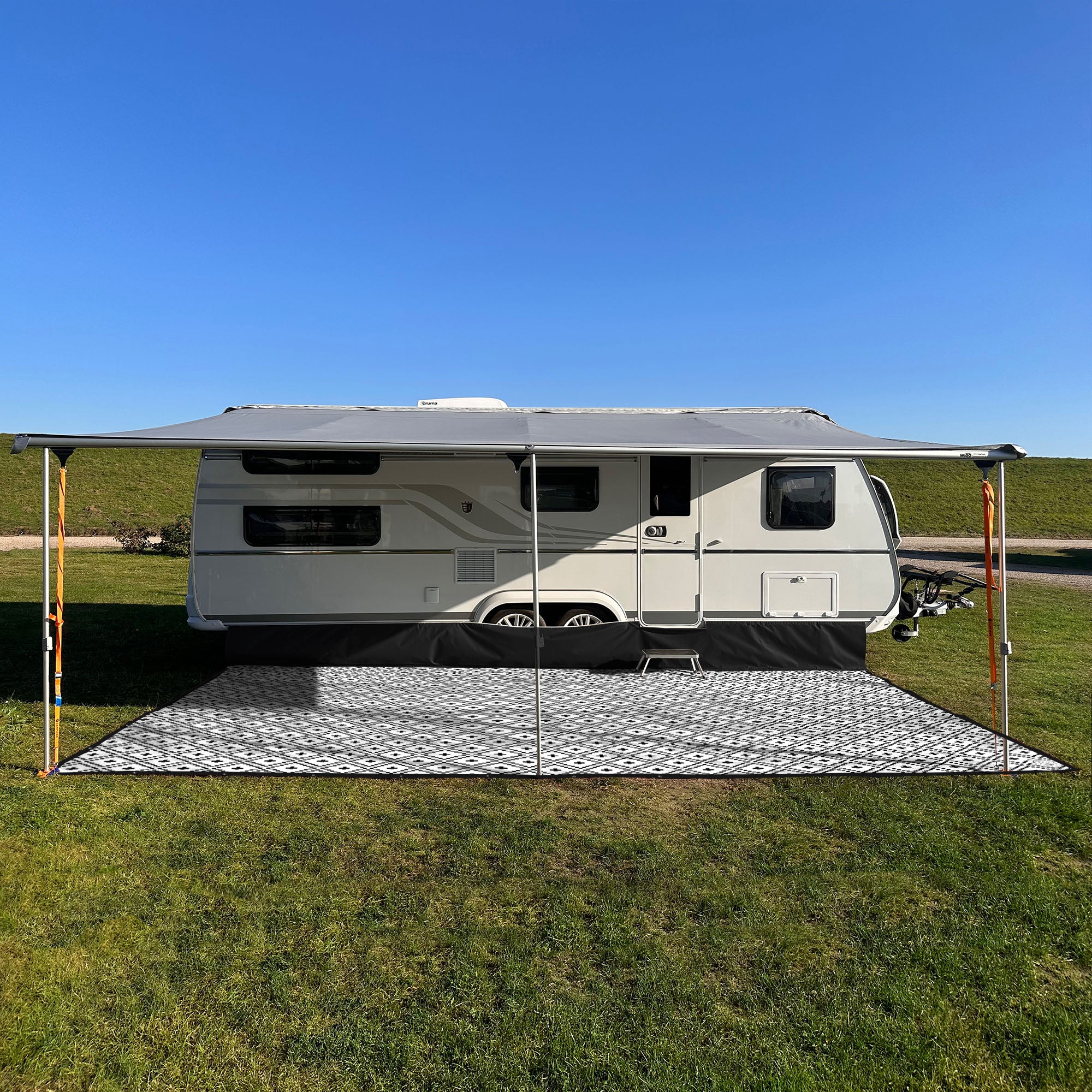 Two-piece PVC awning carpet with removable wind skirt - "Raute Black White"