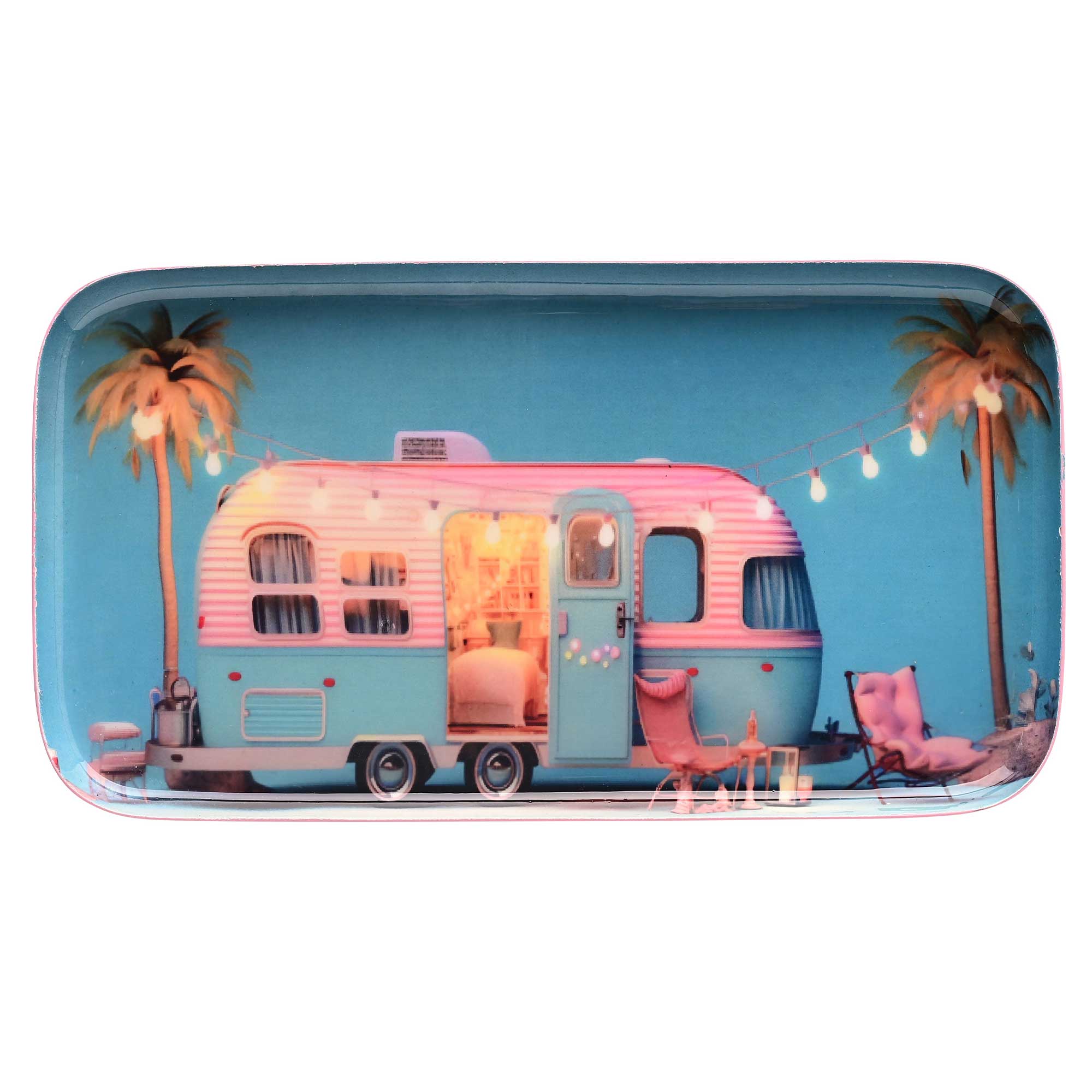 Deko-Tablett "Wohnwagen" in Rosa blau ein Wohnwagen zwischen Palme mit Lichterkette