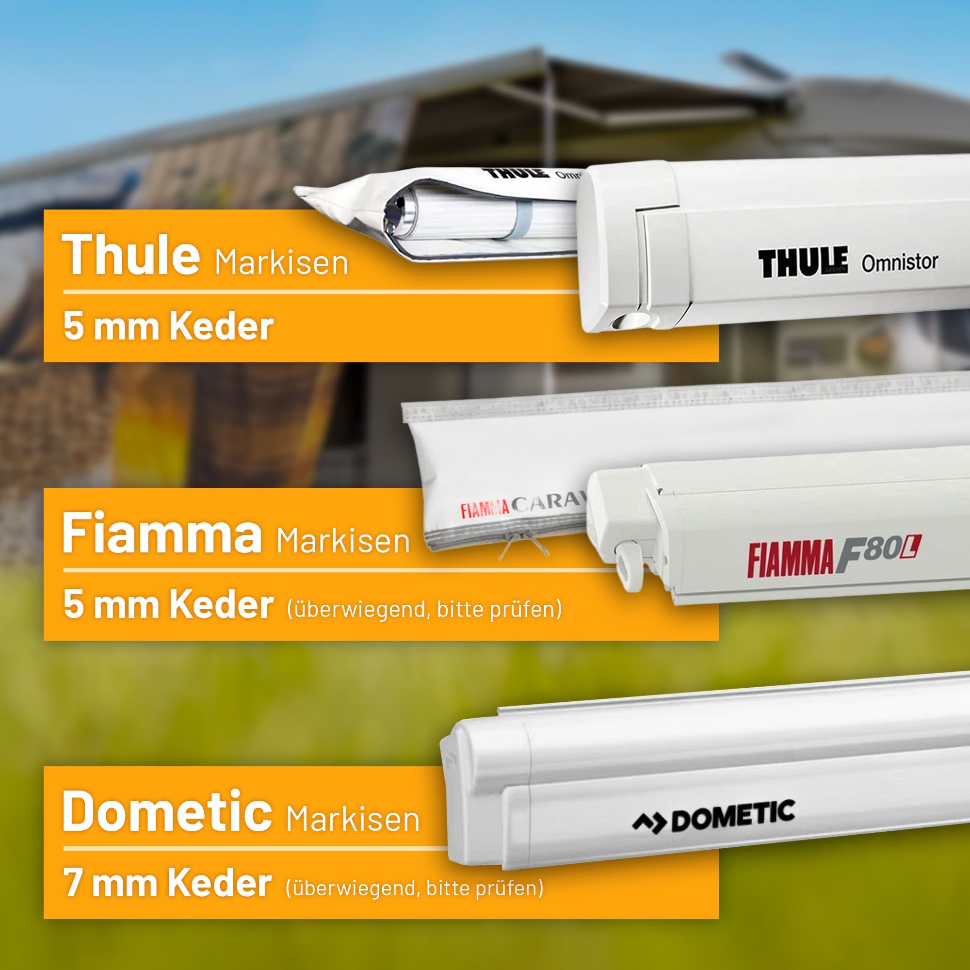 Campidoo Sonnensegel passt für alle Markisen – Thule Omnistor Fiamma WIGO Dometic 5mm und 7mm Keder