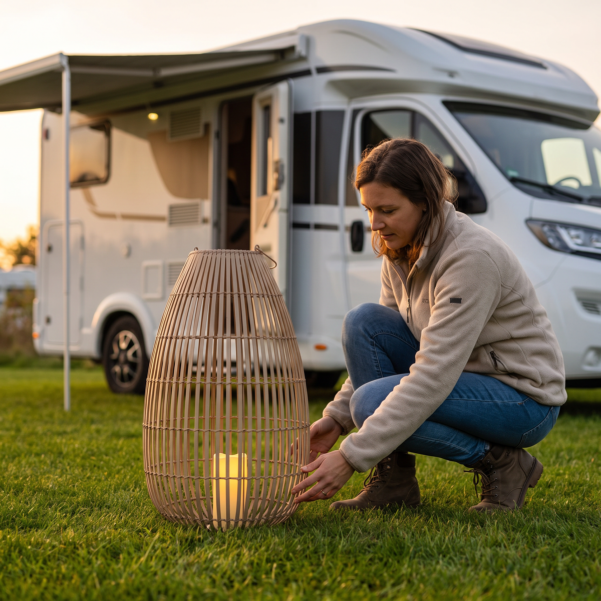 LED-Windlicht Tuva 60 cm im Größenvergleich vor dem Wohnmobil