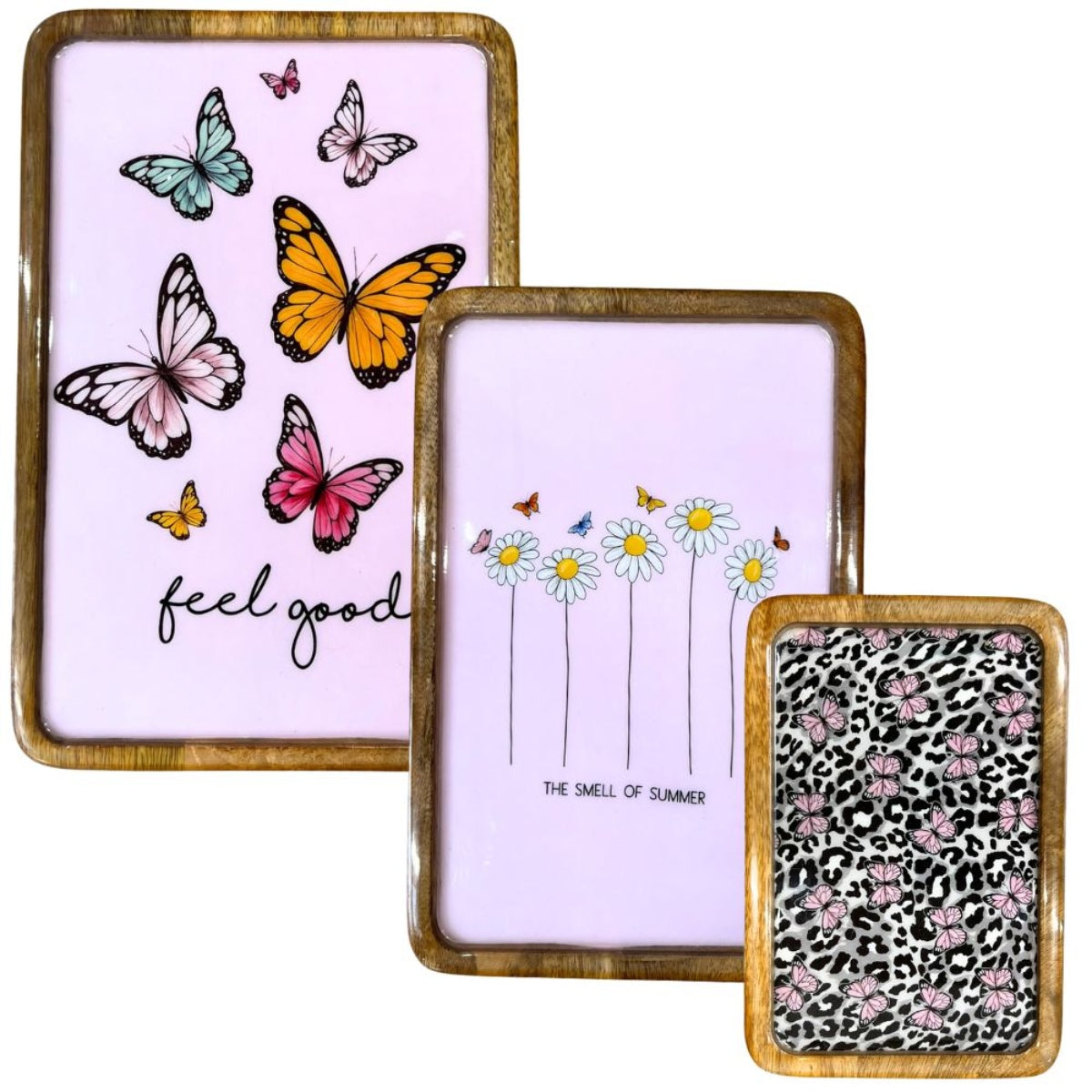 Mangoholz Tablett 3er-Set "Butterfly/Flowers"