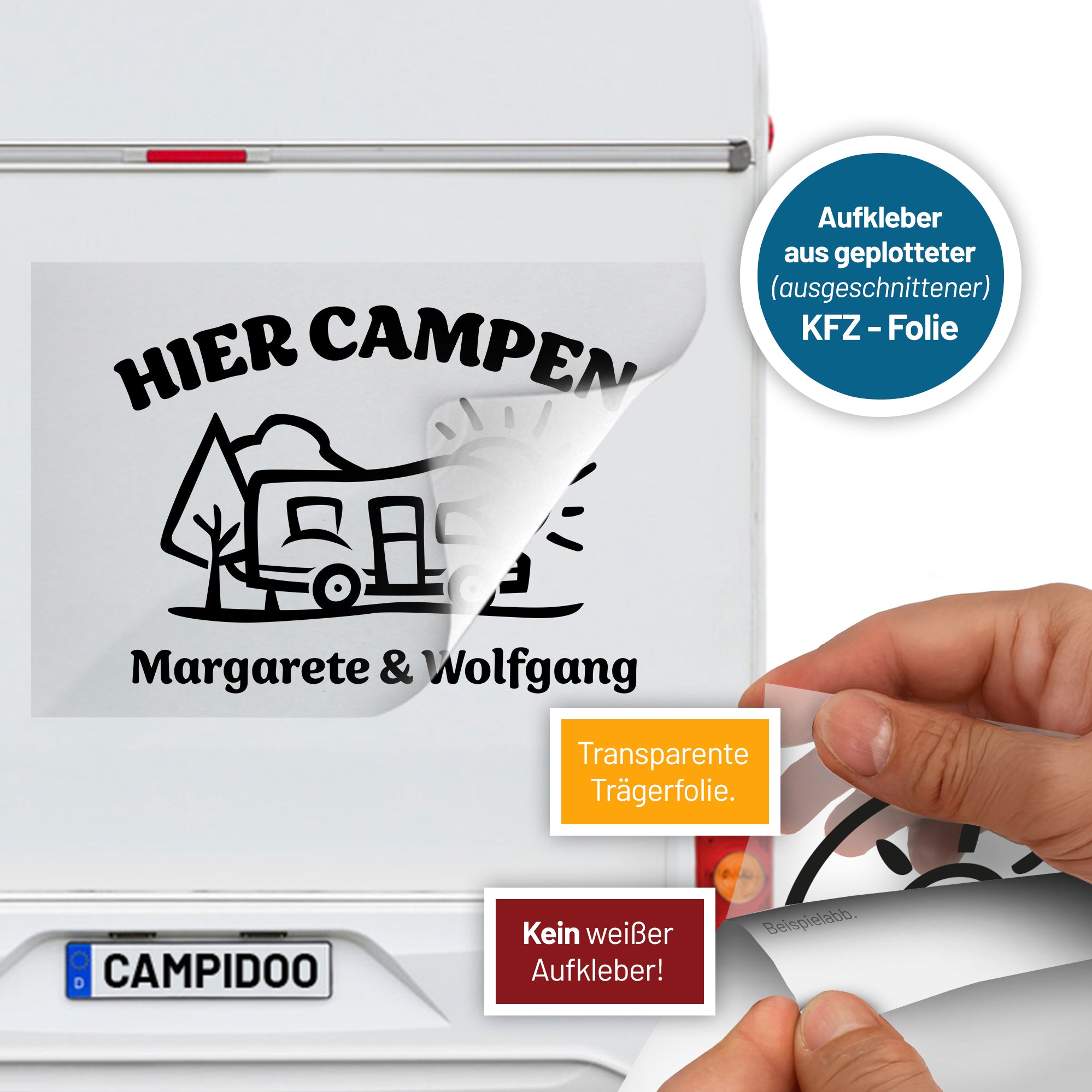 Aufkleber „Hier Campen… - Wohnmobil“ personalisierbar