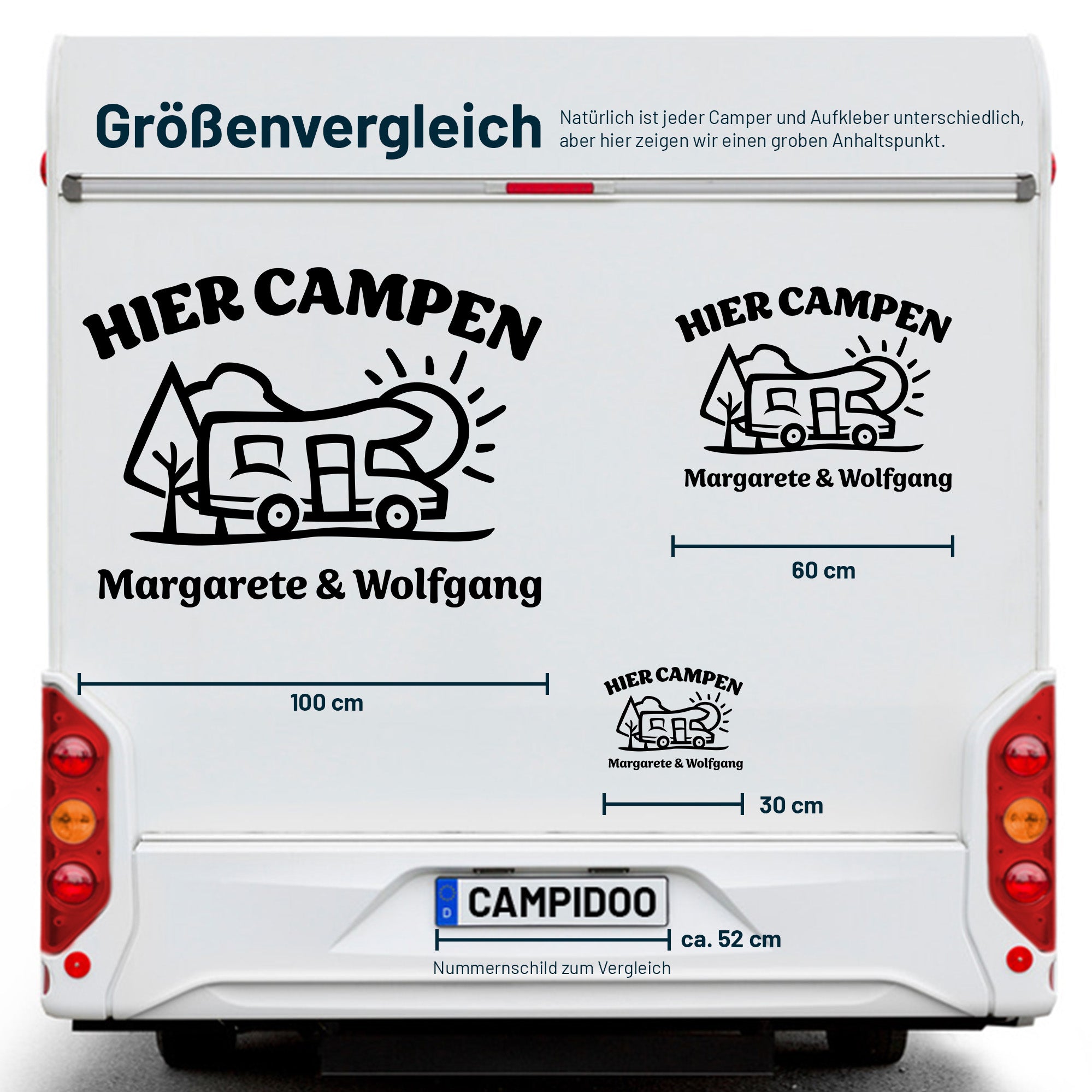 Aufkleber „Hier Campen… - Wohnmobil“ personalisierbar