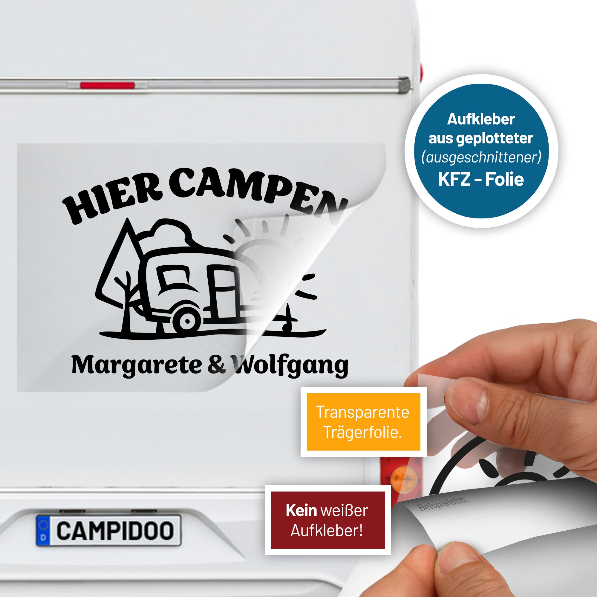 Aufkleber „Hier Campen… - Wohnwagen“ personalisierbar