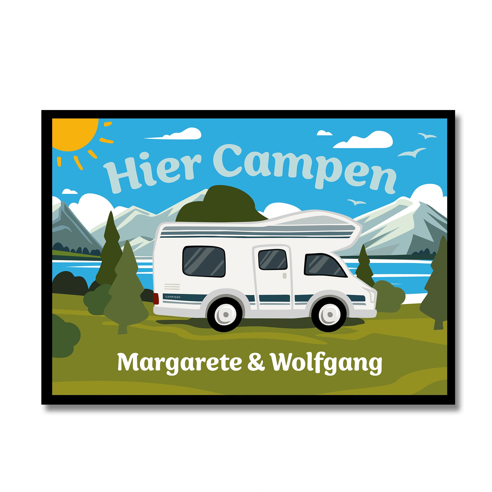 bunte Camping Fussmatte "Hier campen... - WoMo" personalisierbar