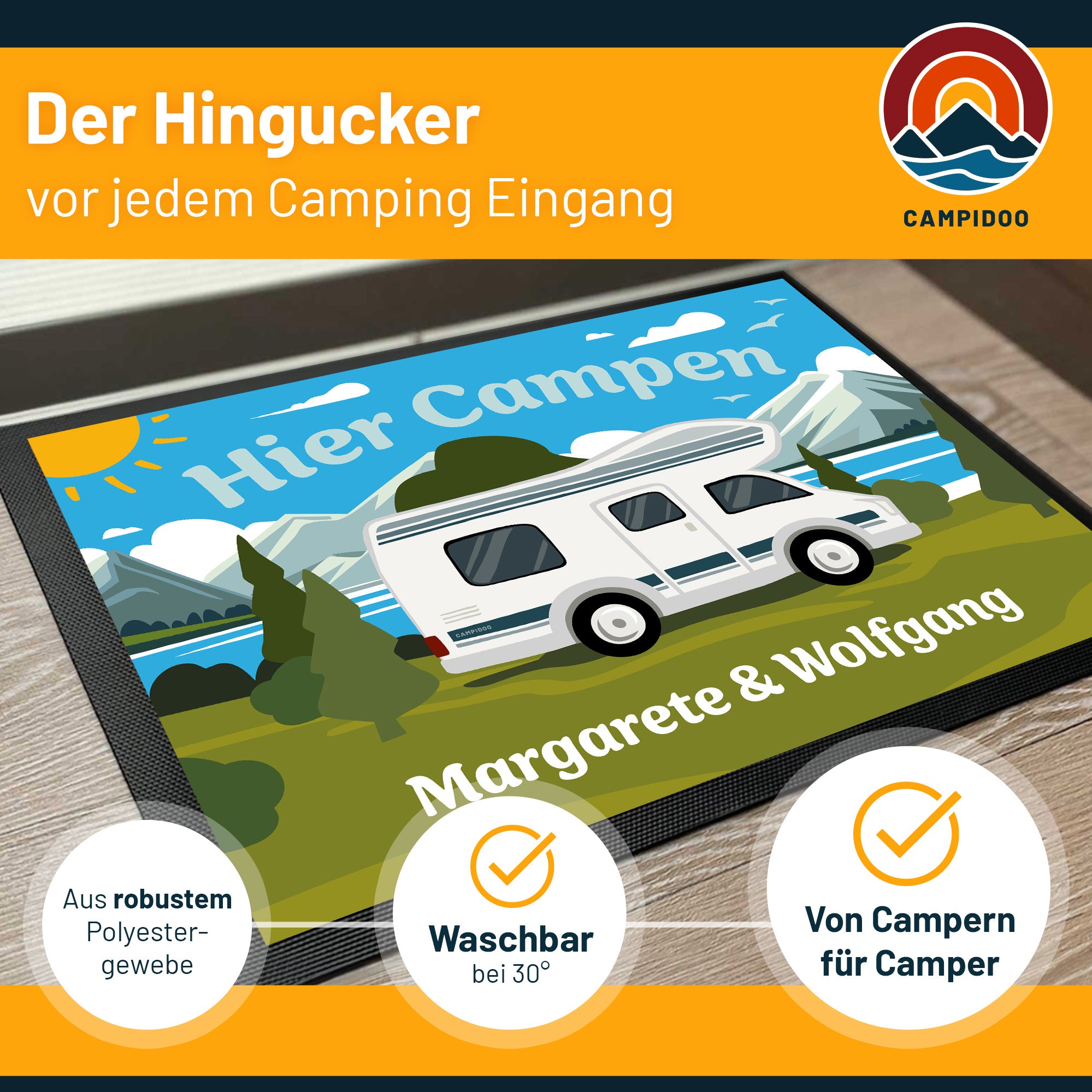 bunte Camping Fussmatte "Hier campen... - WoMo" personalisierbar