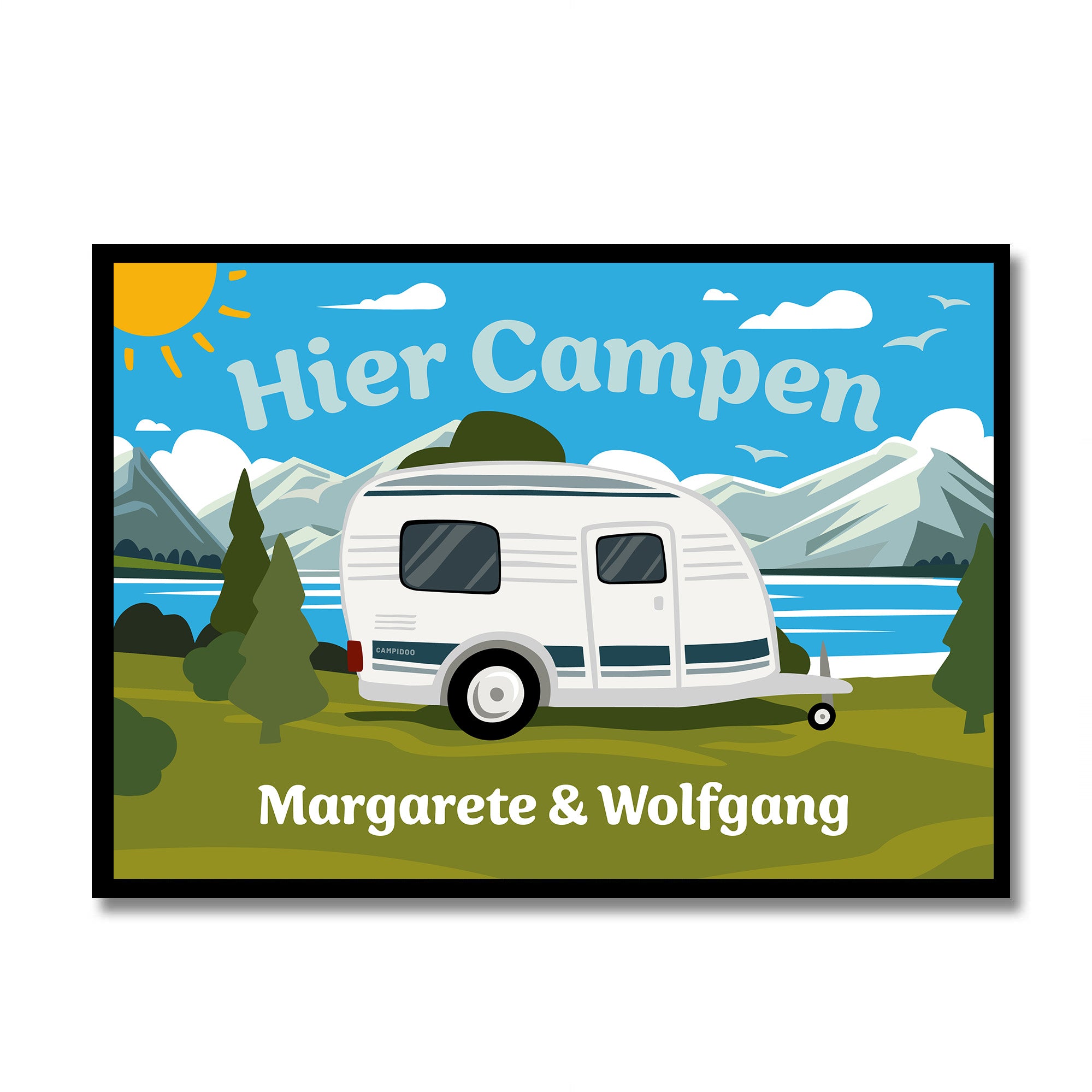 bunte Camping Fussmatte "Hier campen... - WoWa" personalisierbar