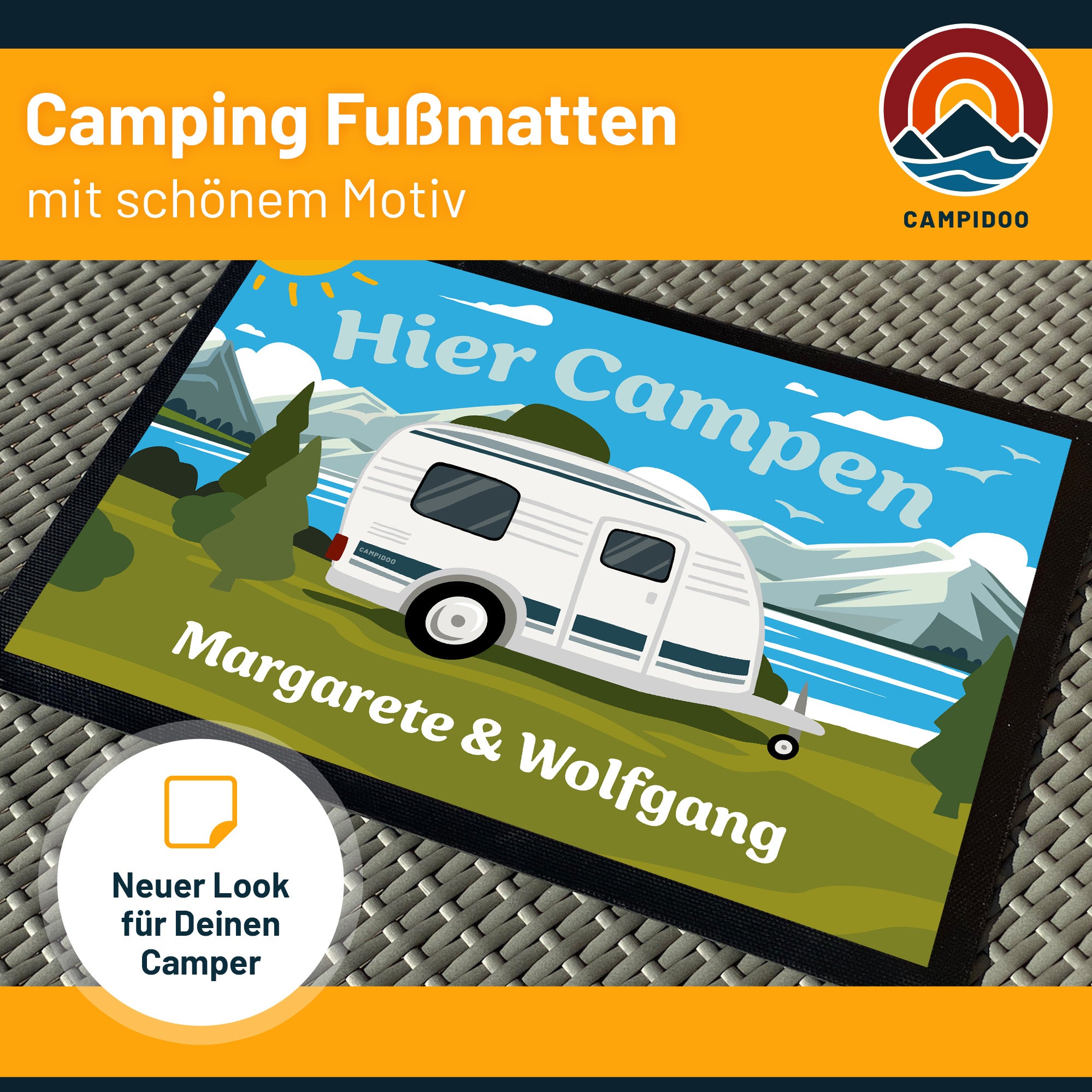 bunte Camping Fussmatte "Hier campen... - WoWa" personalisierbar