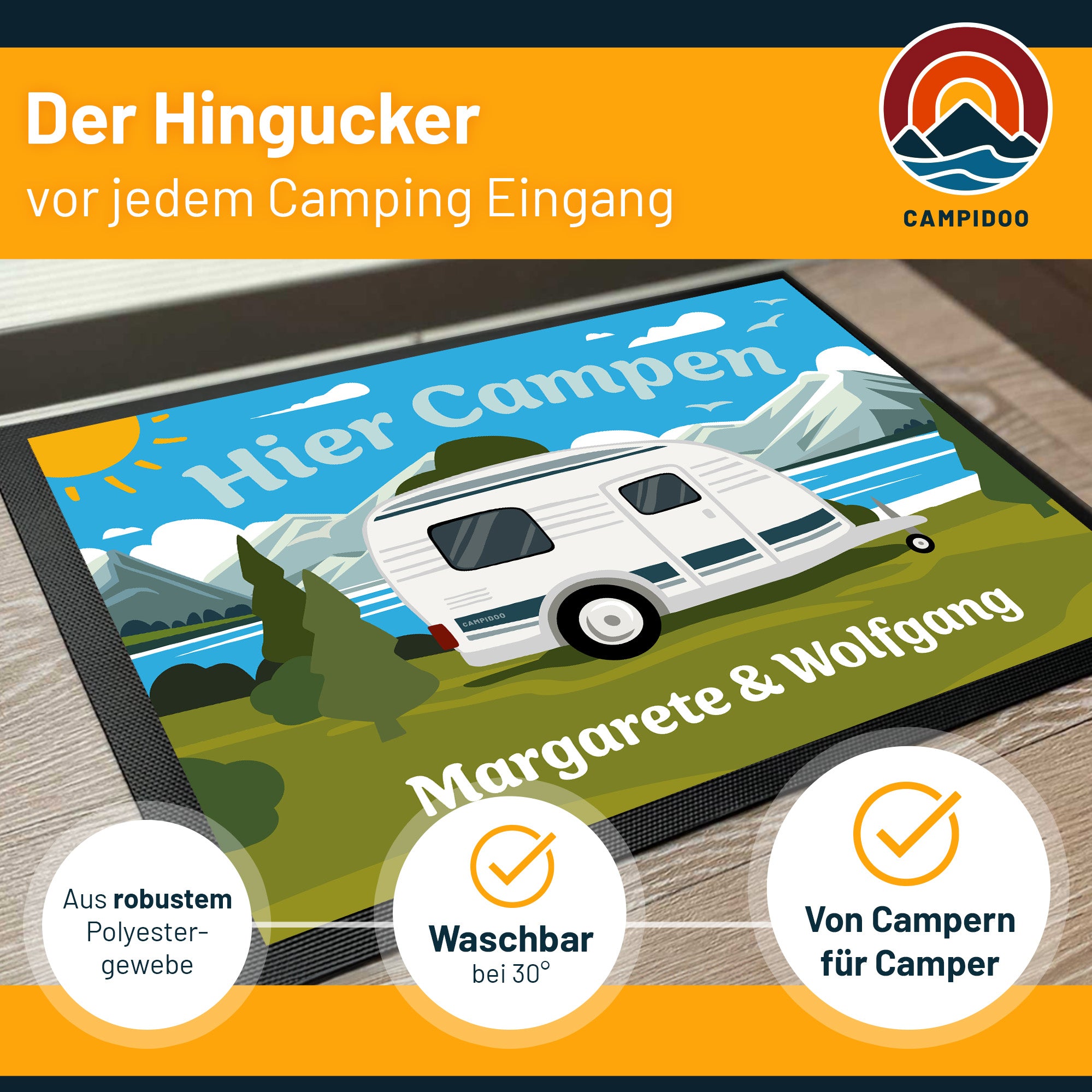 bunte Camping Fussmatte "Hier campen... - WoWa" personalisierbar