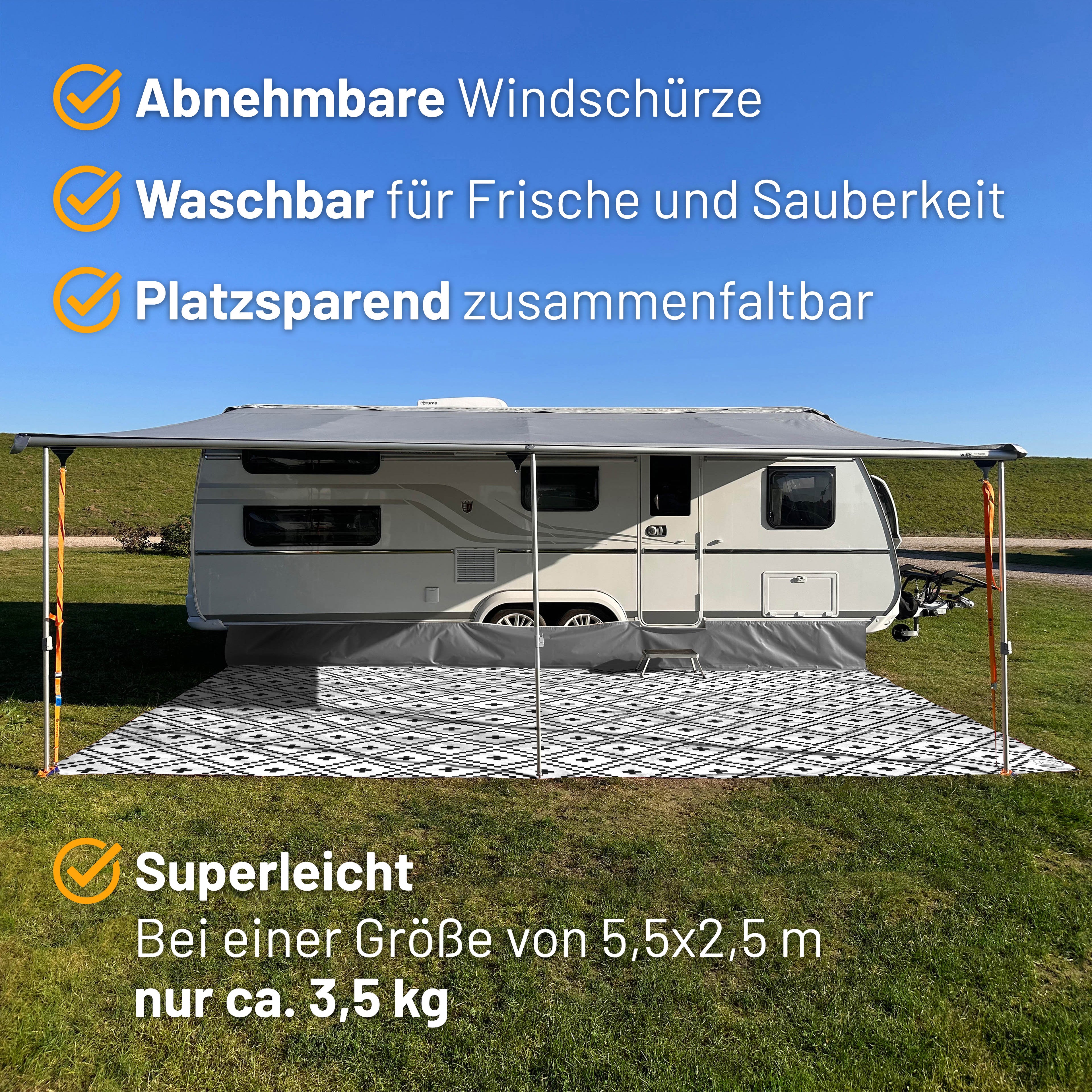 PREMIUM Vorzeltteppich mit abnehmbarer Windschürze - "Raute Schwarz Weiss"