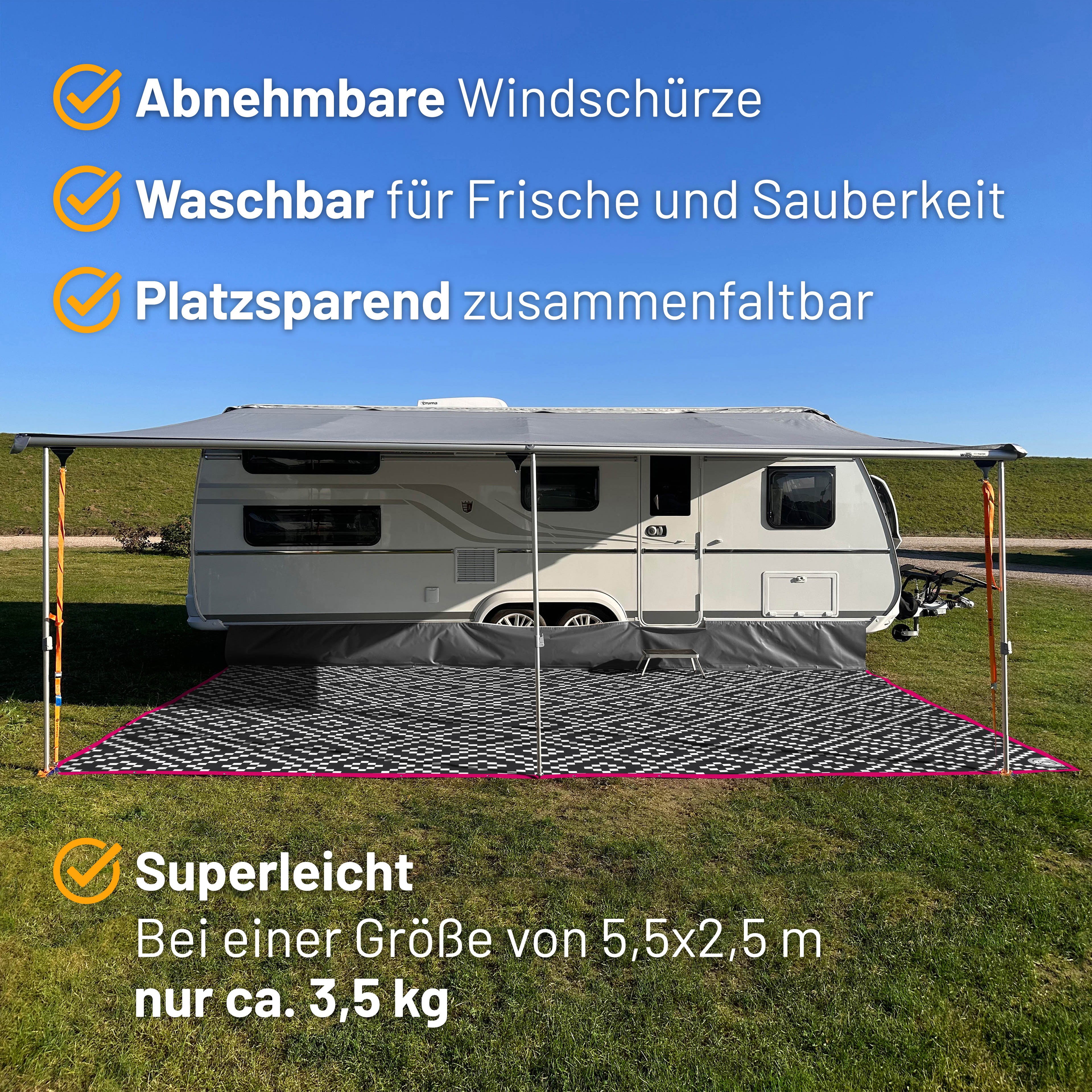 PREMIUM Vorzeltteppich mit abnehmbarer Windschürze - "Nordic mit Pink"