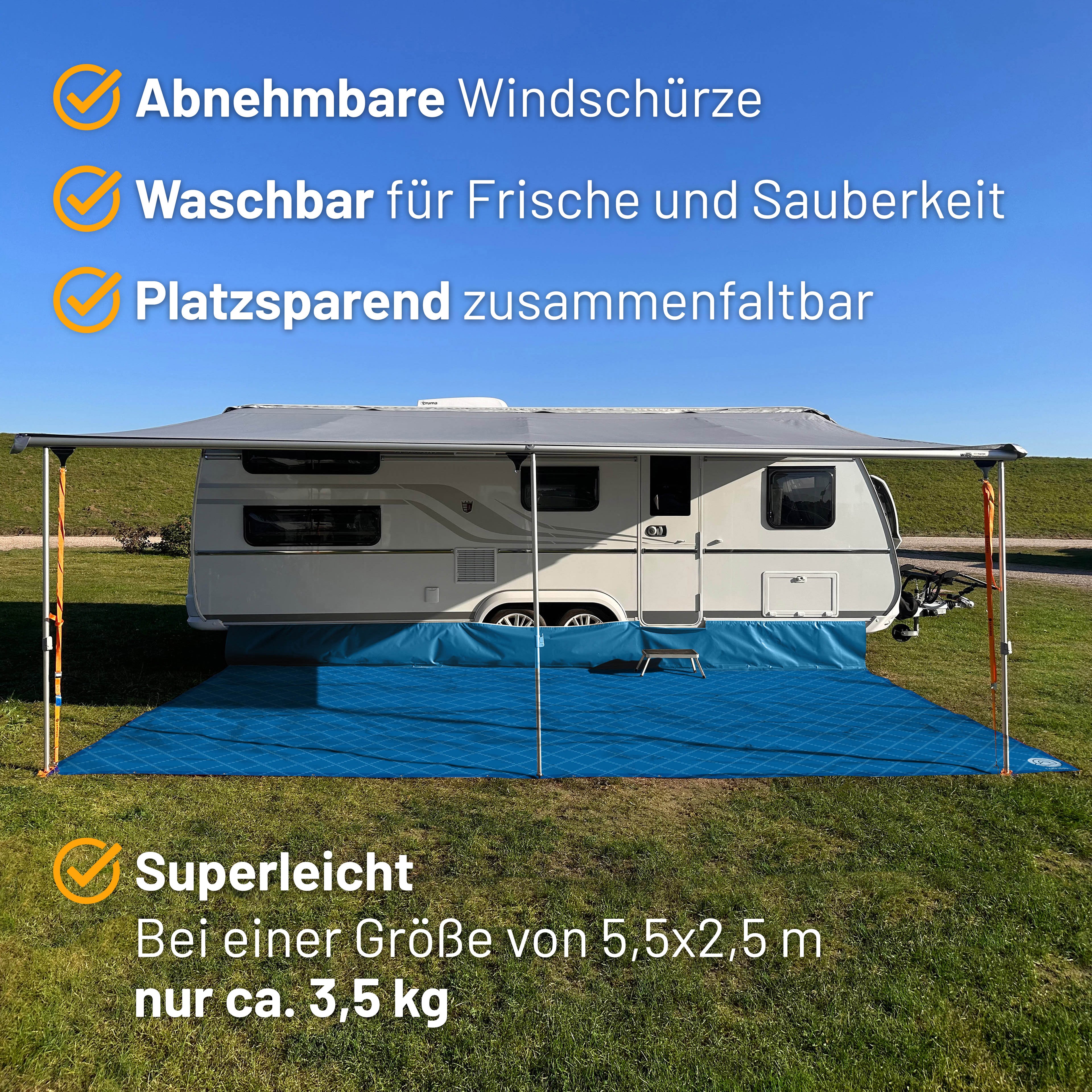 PREMIUM Vorzeltteppich mit abnehmbarer Windschürze - "Karo Blau"