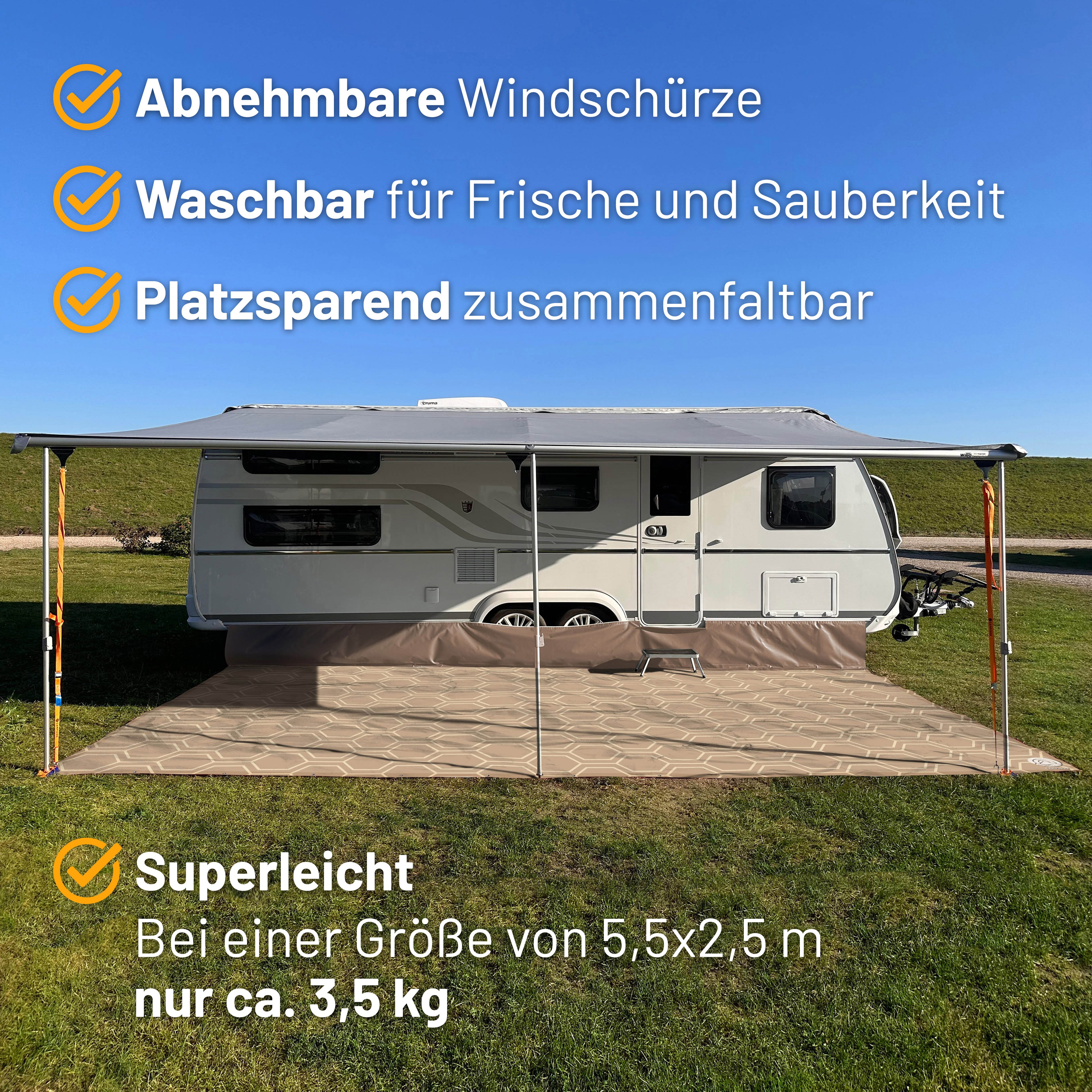 PREMIUM Vorzeltteppich mit abnehmbarer Windschürze - "Sechseck Beige"