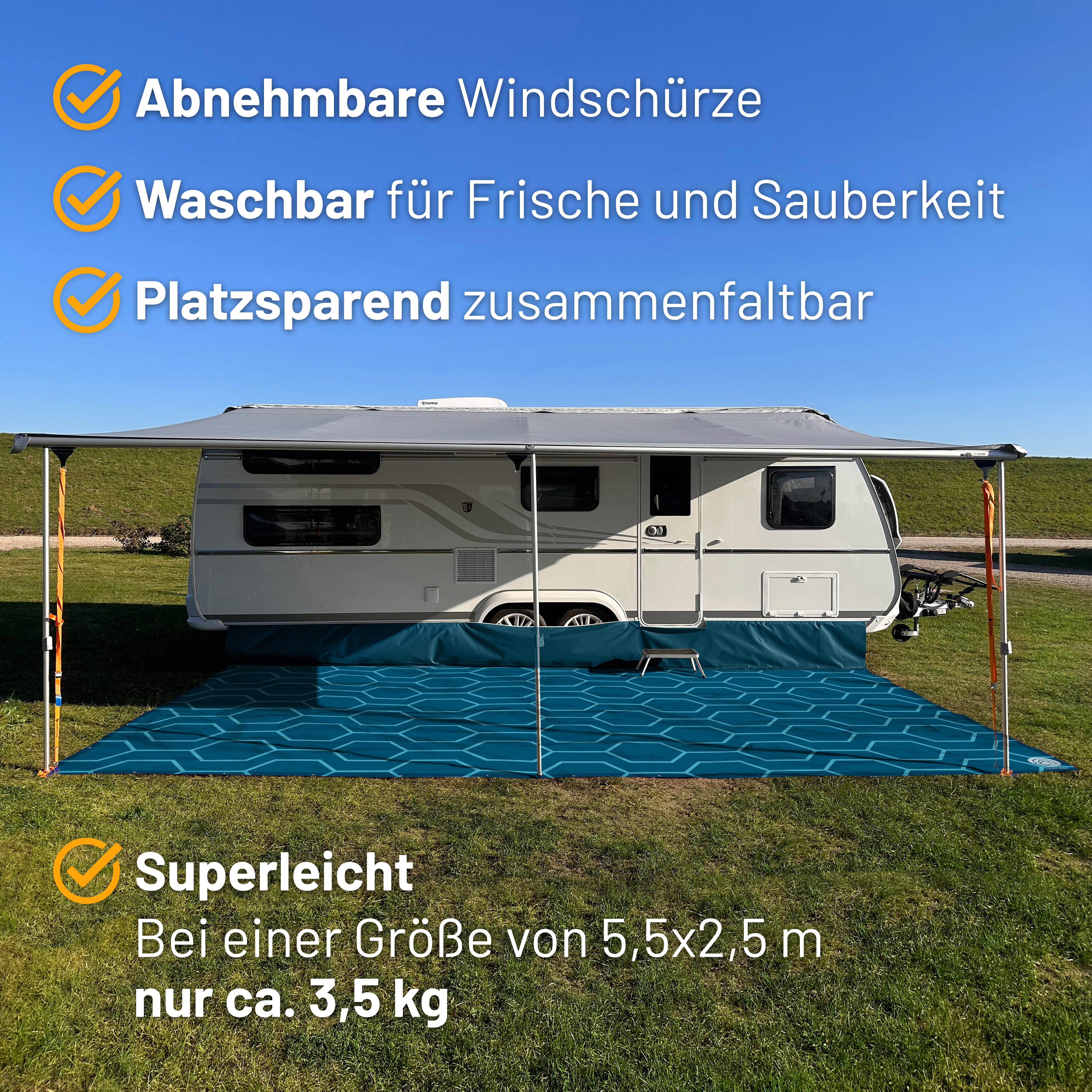 PREMIUM Vorzeltteppich mit abnehmbarer Windschürze - "Sechseck Blau"