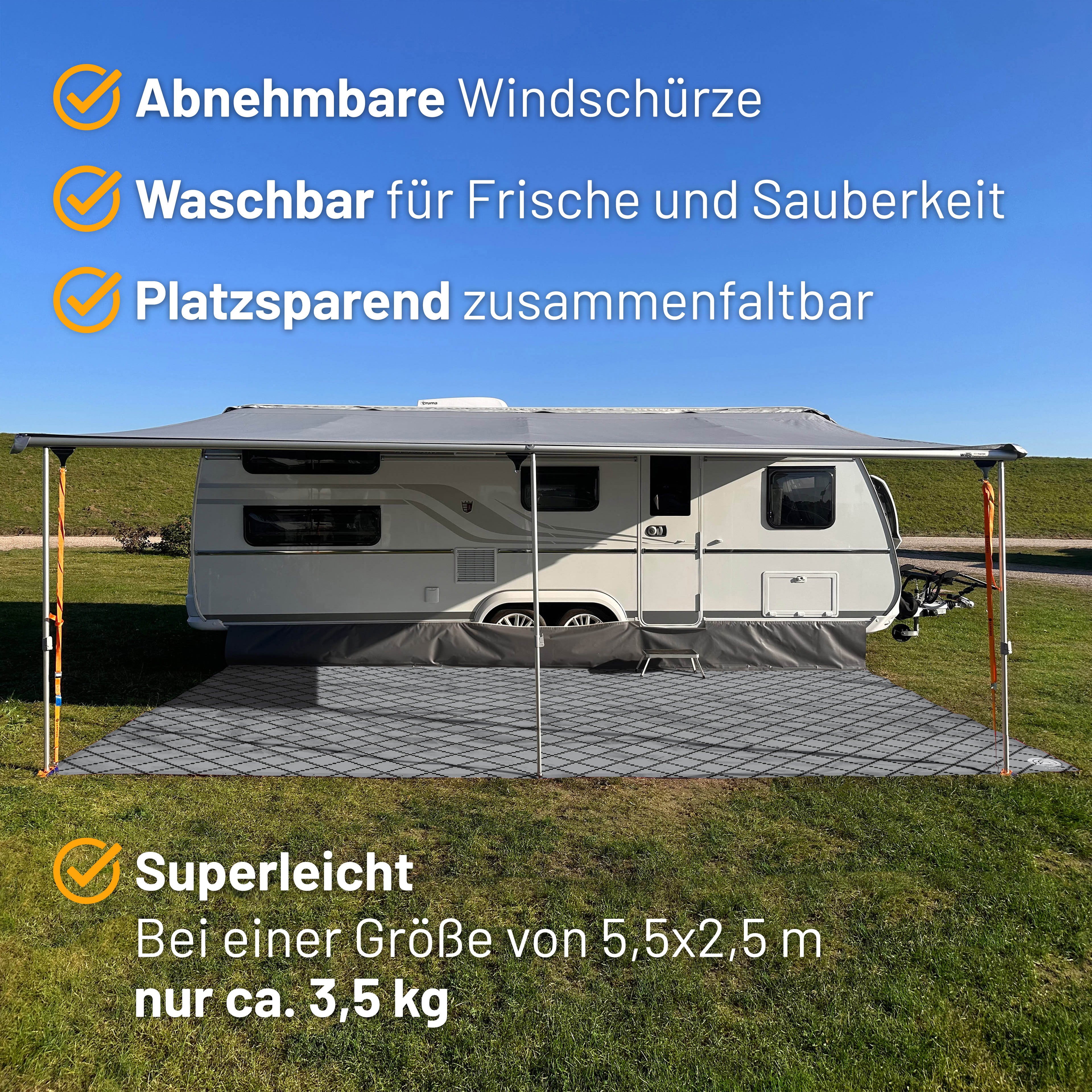 PREMIUM Vorzeltteppich mit abnehmbarer Windschürze - "Karo Grau"