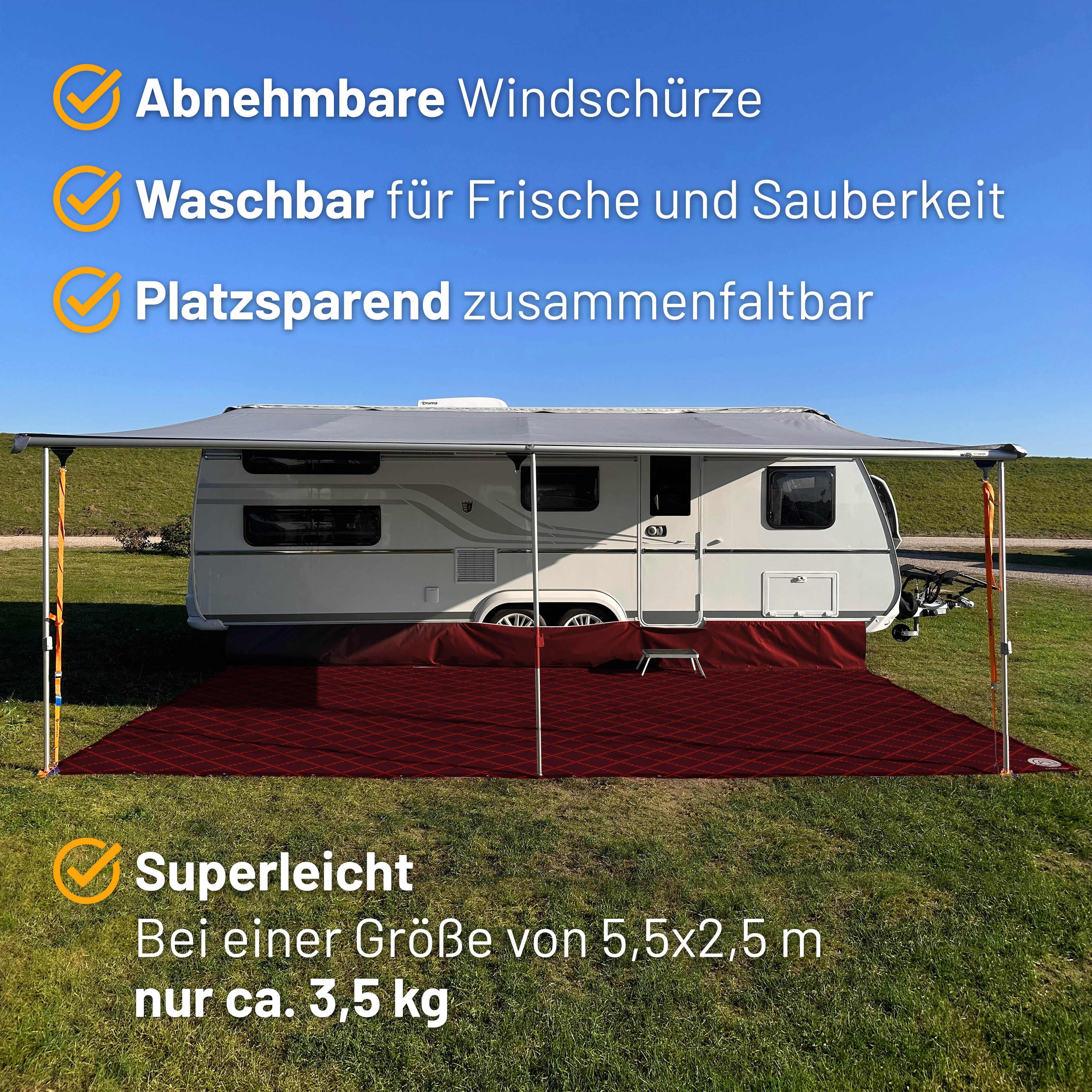 PREMIUM Vorzeltteppich mit abnehmbarer Windschürze - "Karo Rot"