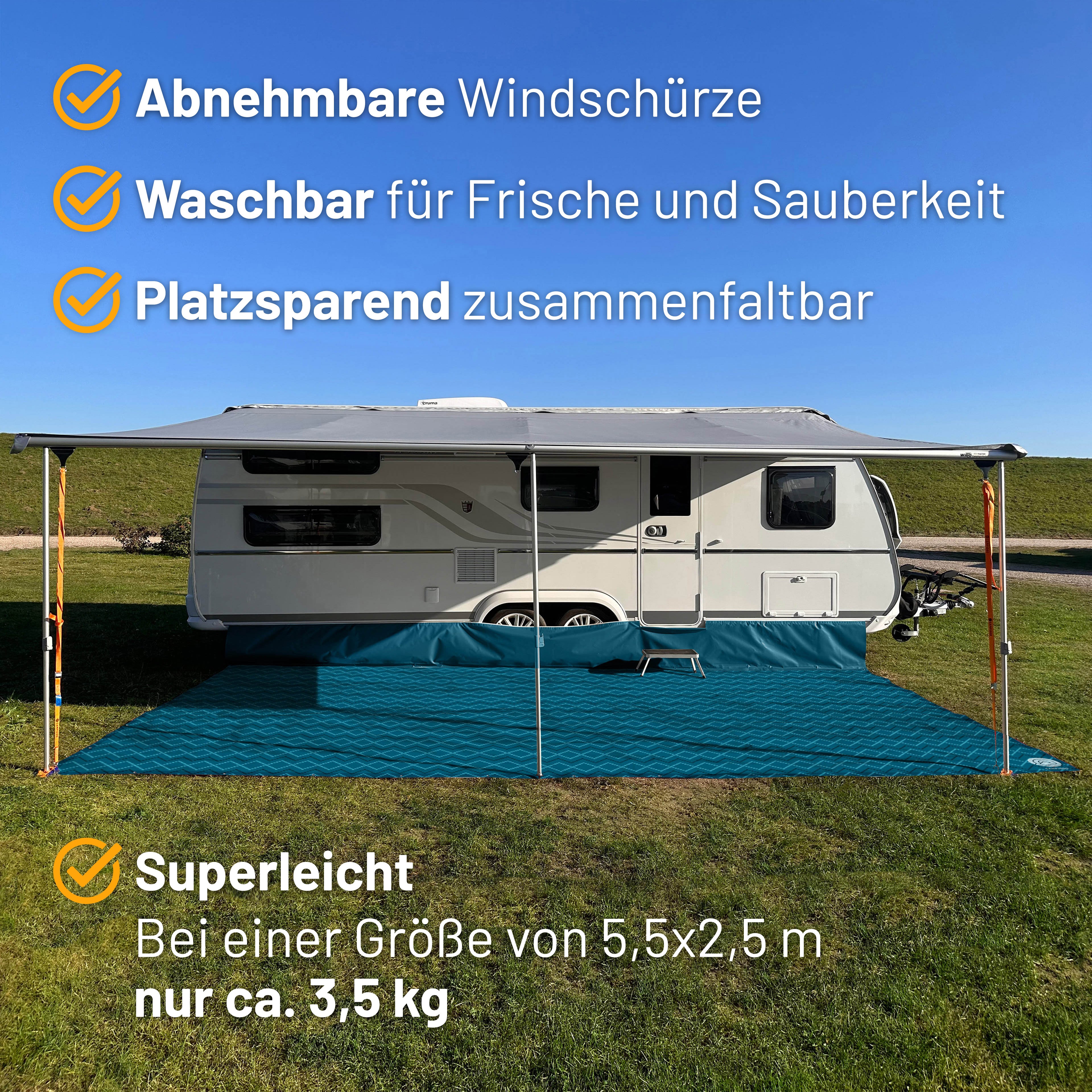 PREMIUM Vorzeltteppich mit abnehmbarer Windschürze - "Blaues ZickZack"