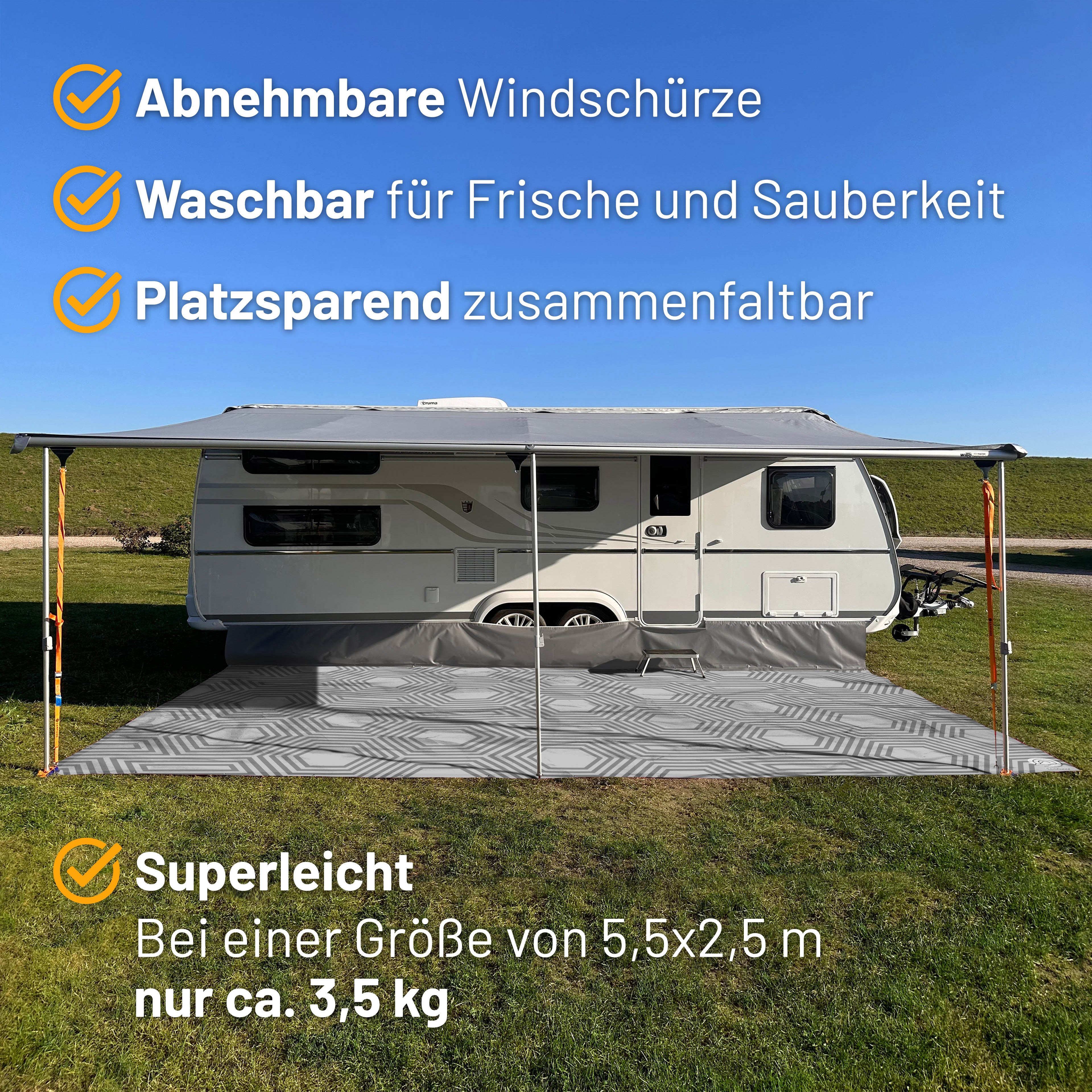 PREMIUM Vorzeltteppich mit abnehmbarer Windschürze - "gemustertes Grau"