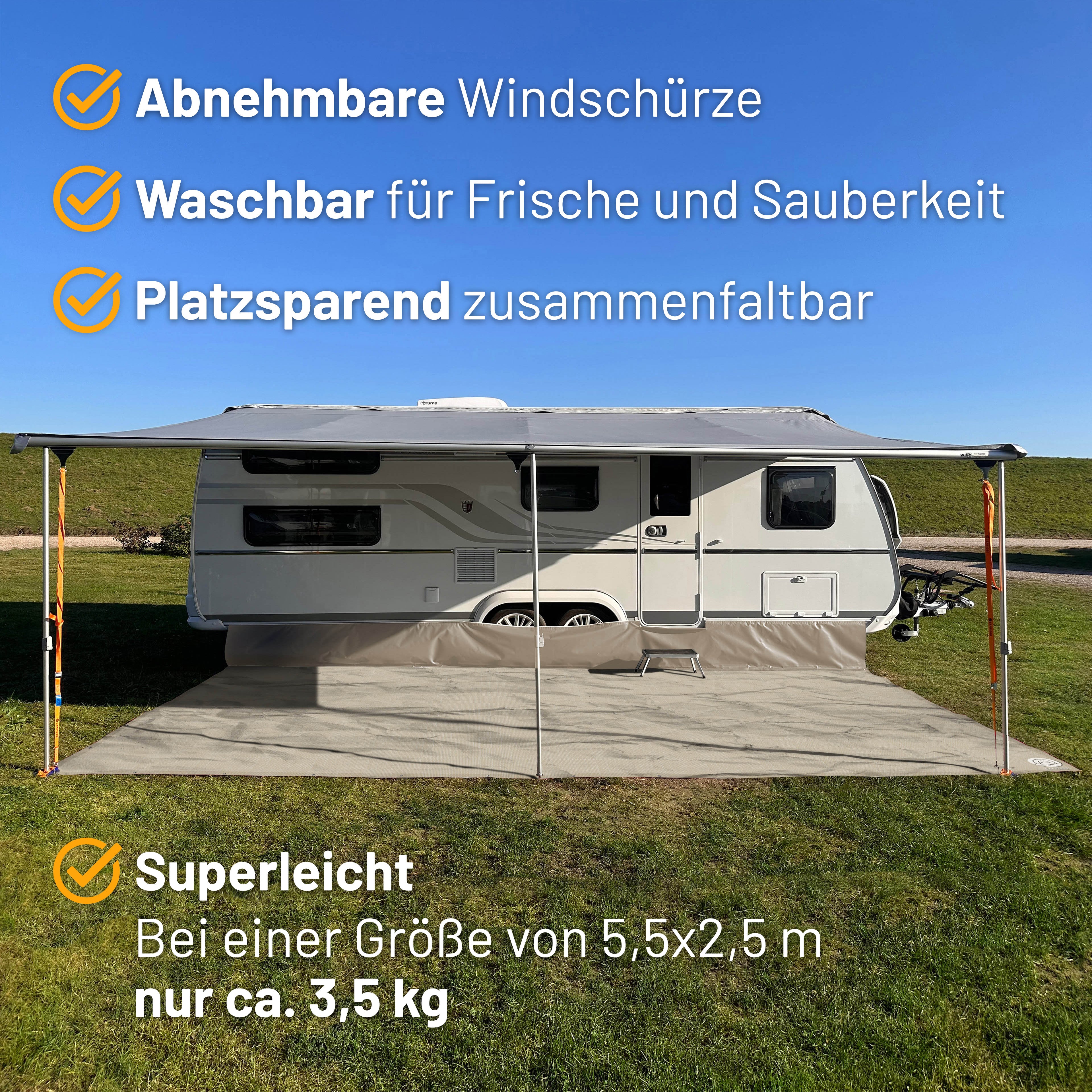 PREMIUM Vorzeltteppich mit abnehmbarer Windschürze - "Schraffiert Beige"