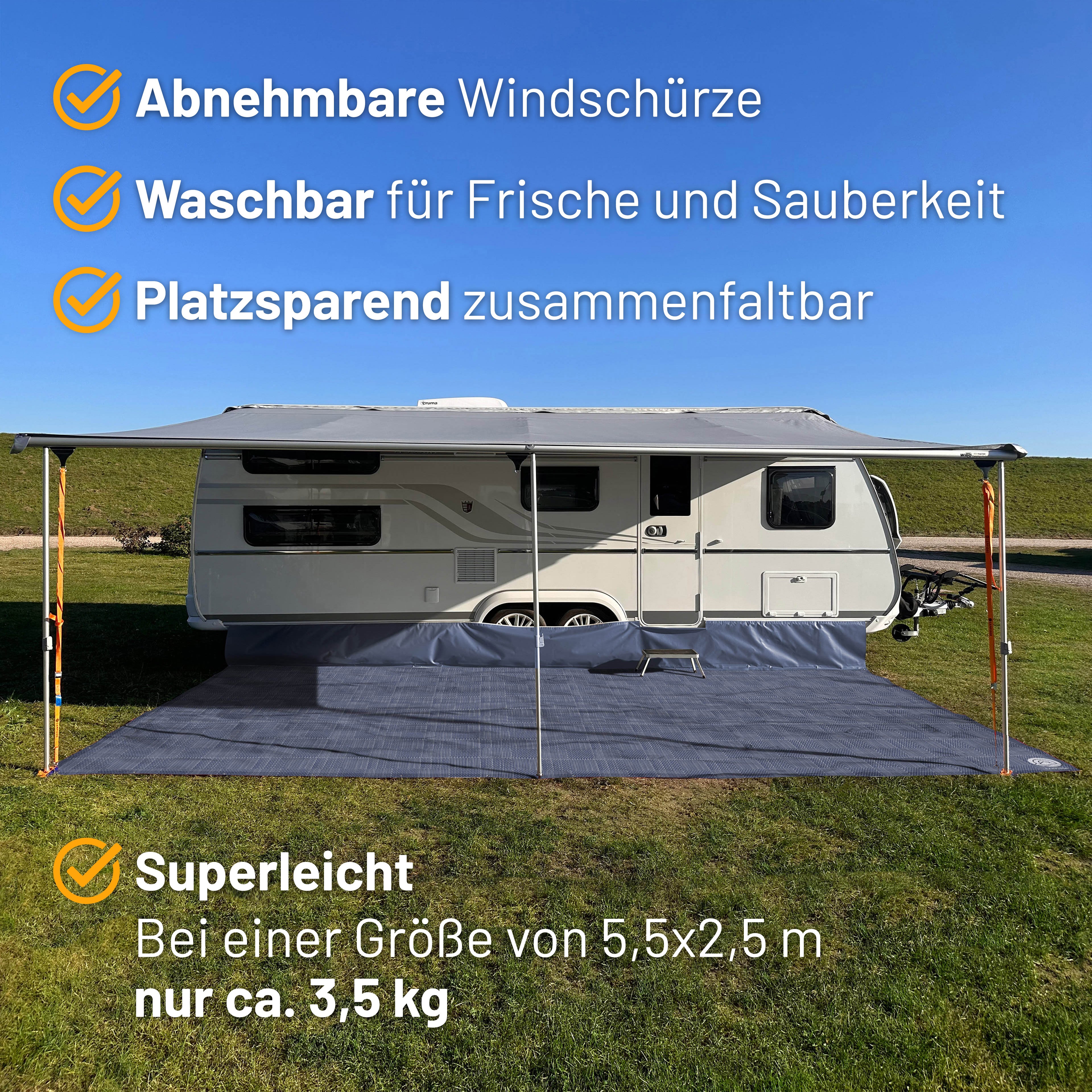 PREMIUM Vorzeltteppich mit abnehmbarer Windschürze - "Schraffiert Blau"