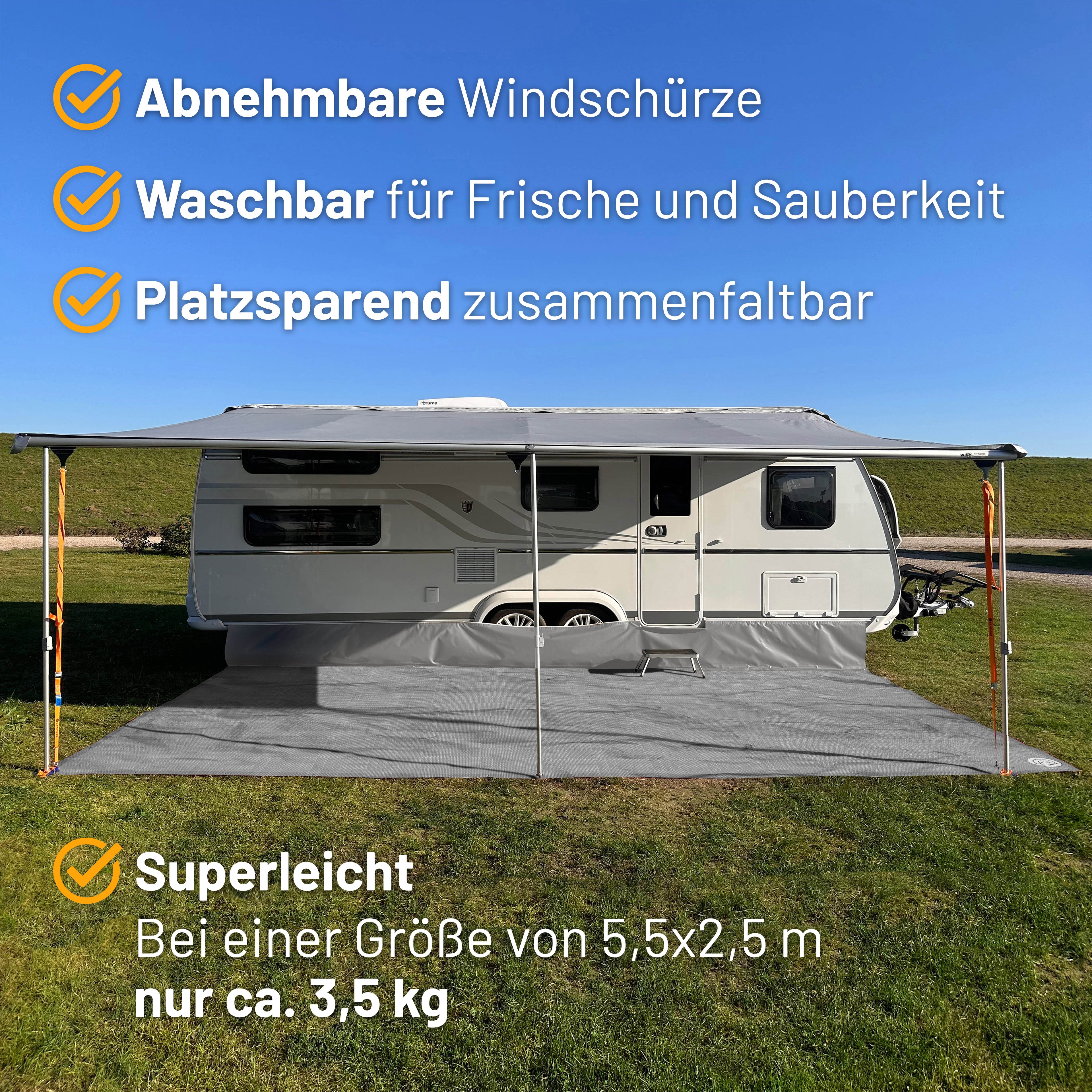 PREMIUM Vorzeltteppich mit abnehmbarer Windschürze - "Schraffiert Hellgrau"