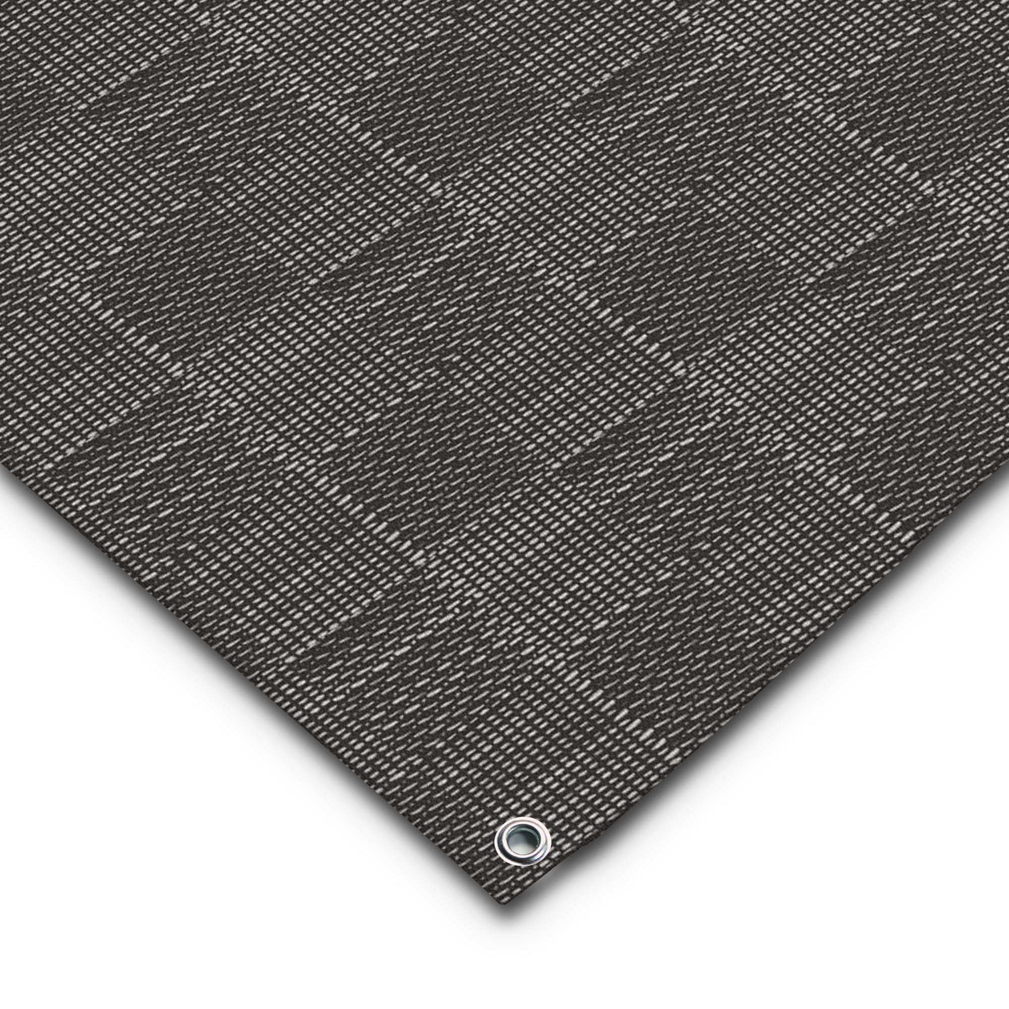 Ausschnitt Vorzeltteppich in grau gemustert mit Befestigungsöse.