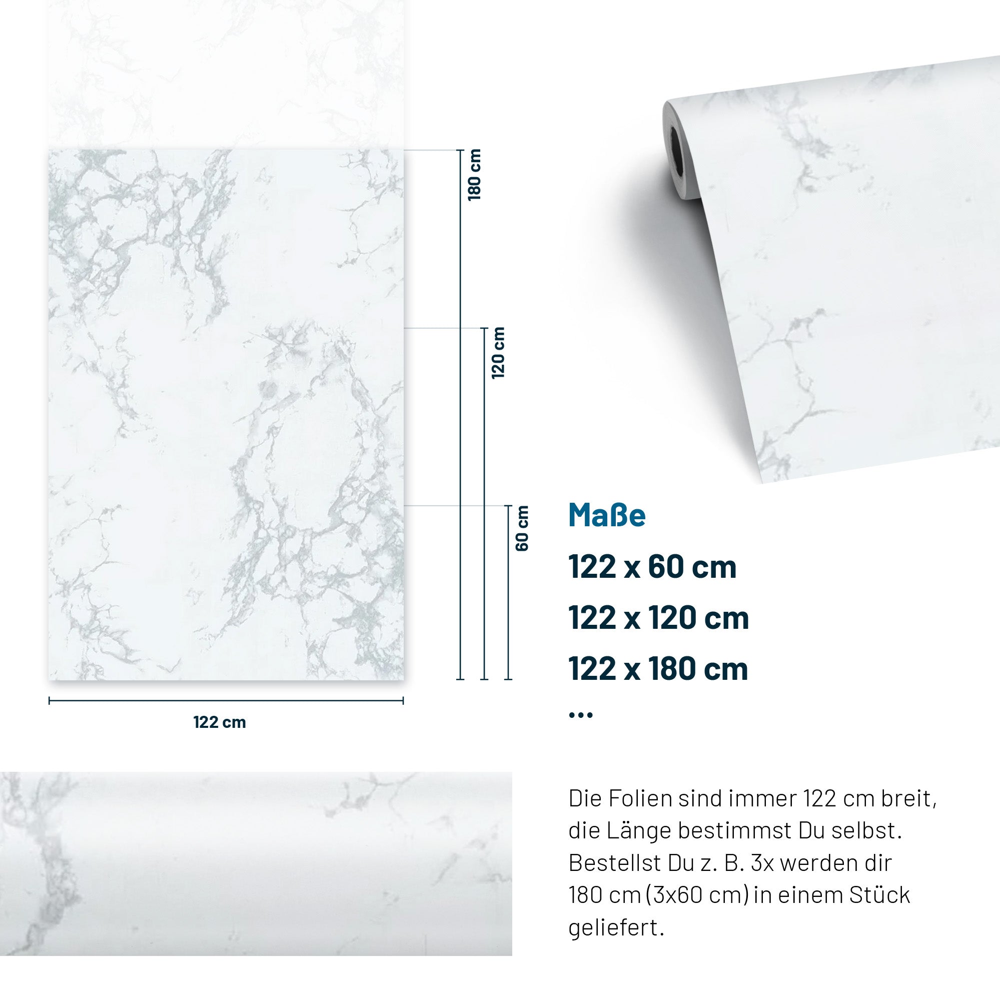 3D Naturstein-Dekor Möbelfolie Marmor Polished White
