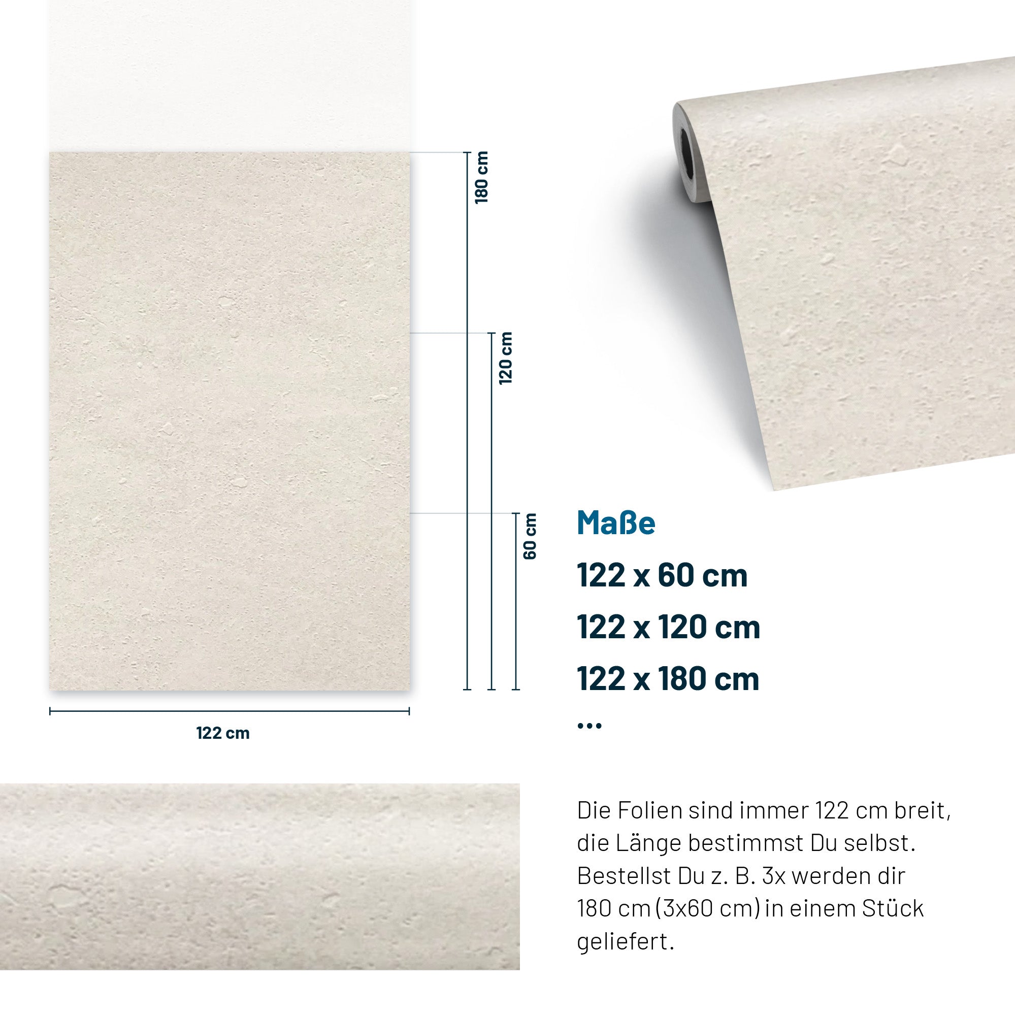 3D Beton-Dekor Möbelfolie Pure Off White Cement Texturiert