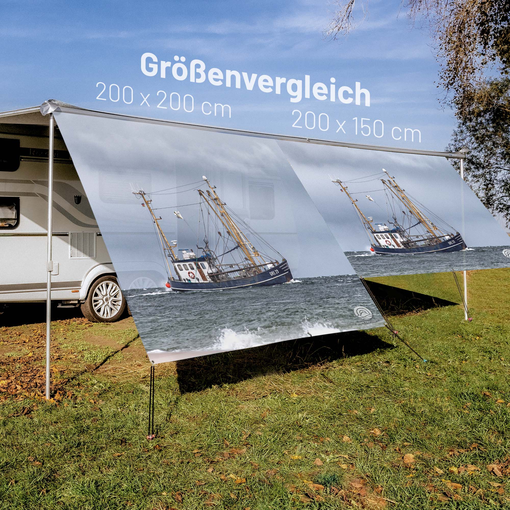 PVC Camping Sonnenschutz - Motiv FISCHKUTTER 150cm Hoch