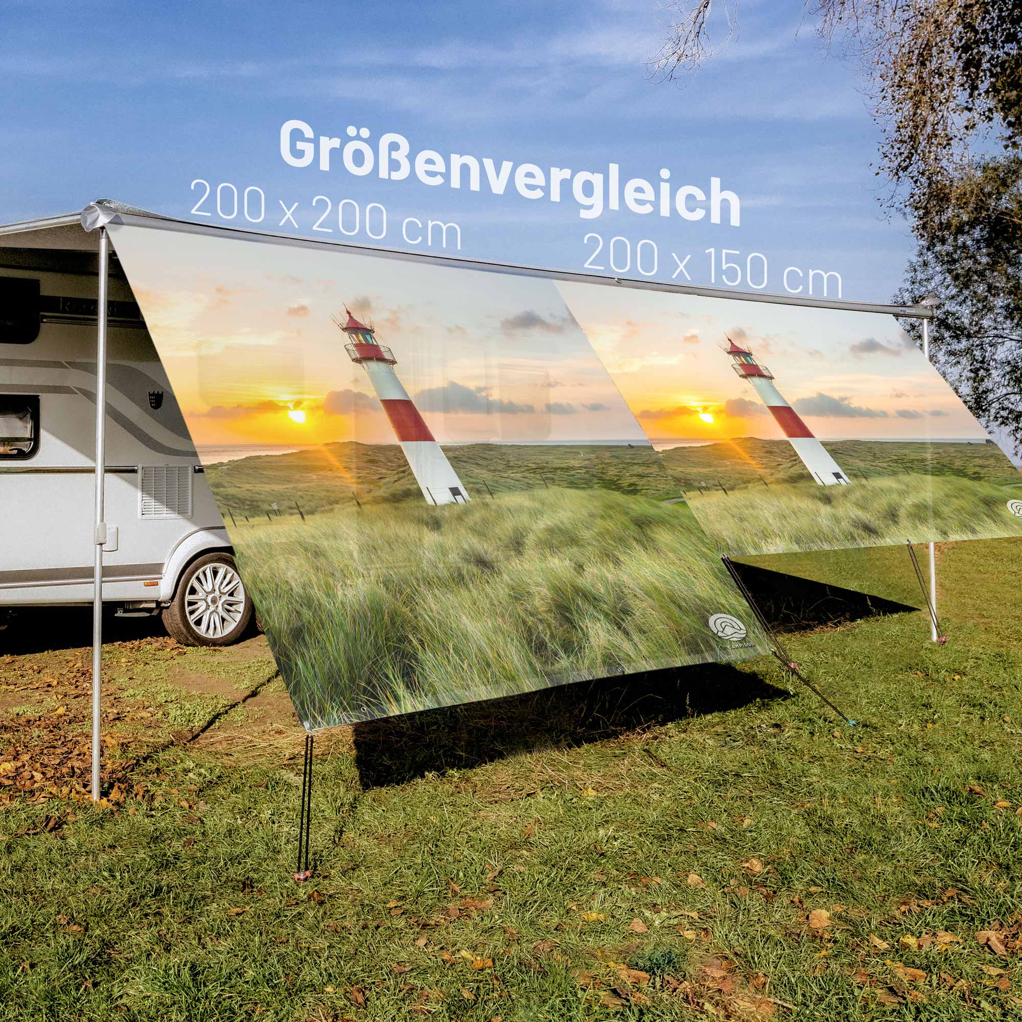 PVC Camping Sonnenschutz - Motiv LEUCHTTURM AM DEICH 150cm Hoch