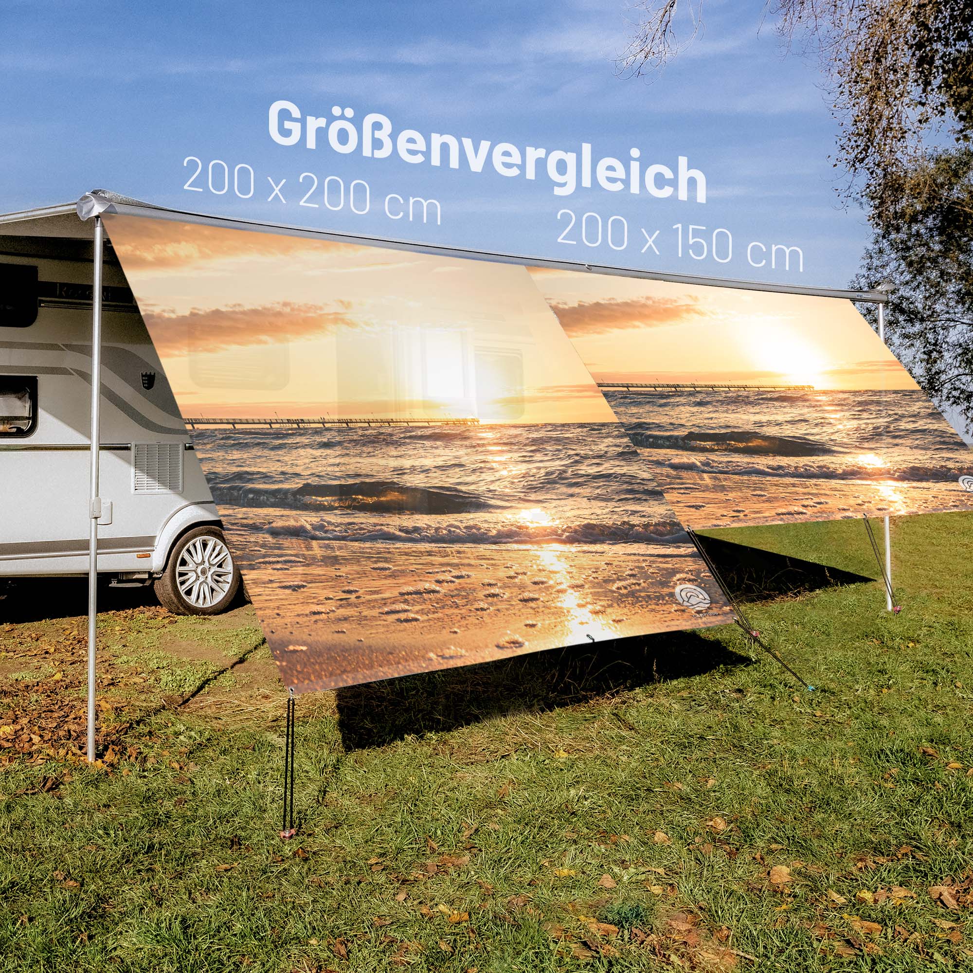 PVC Camping Sonnenschutz - Motiv SONNENUNTERGANG MIT SEEBRÜCKE 150cm Hoch