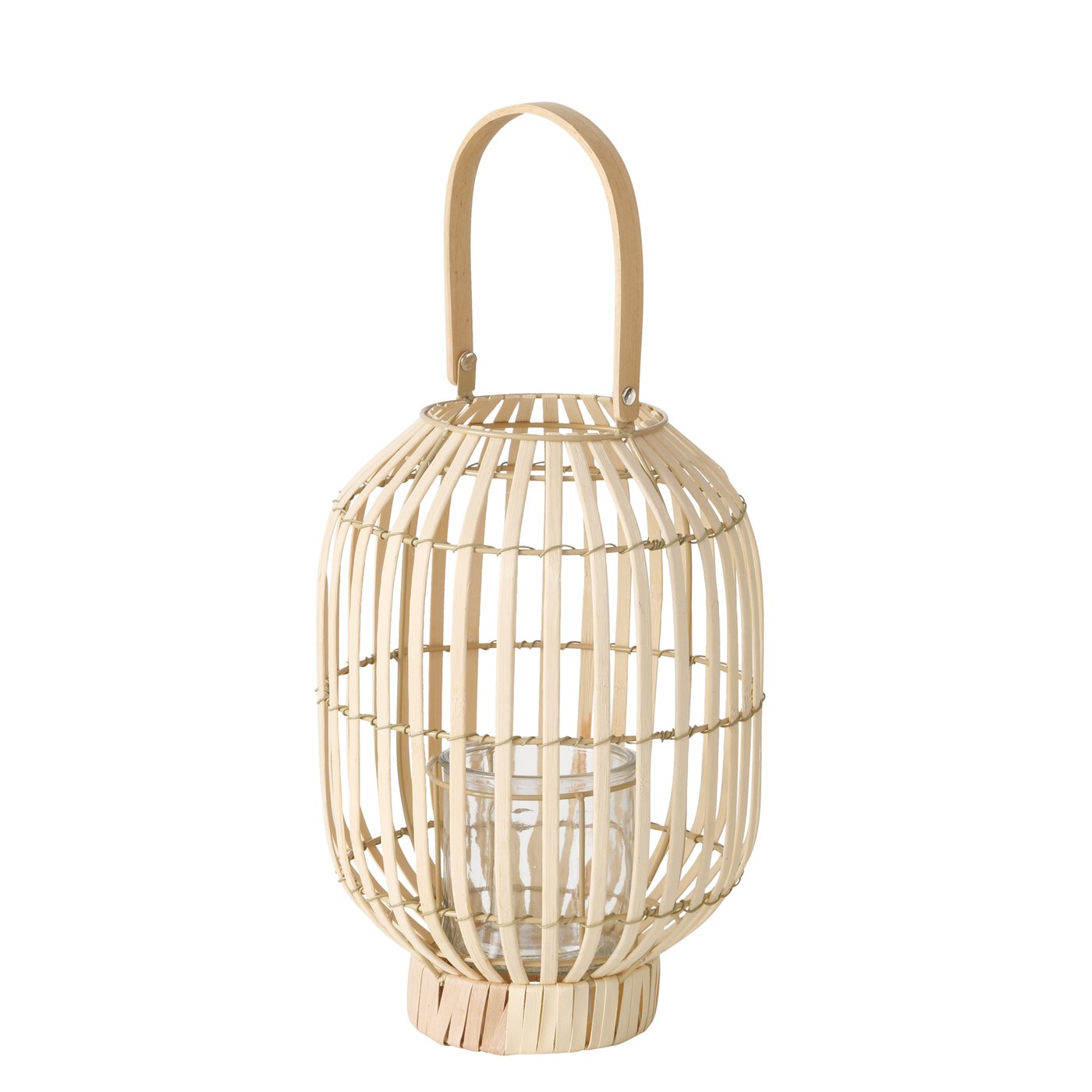 Windlicht Paterna, Rund, H 33 cm, Bambus, Eisen, Klarglas